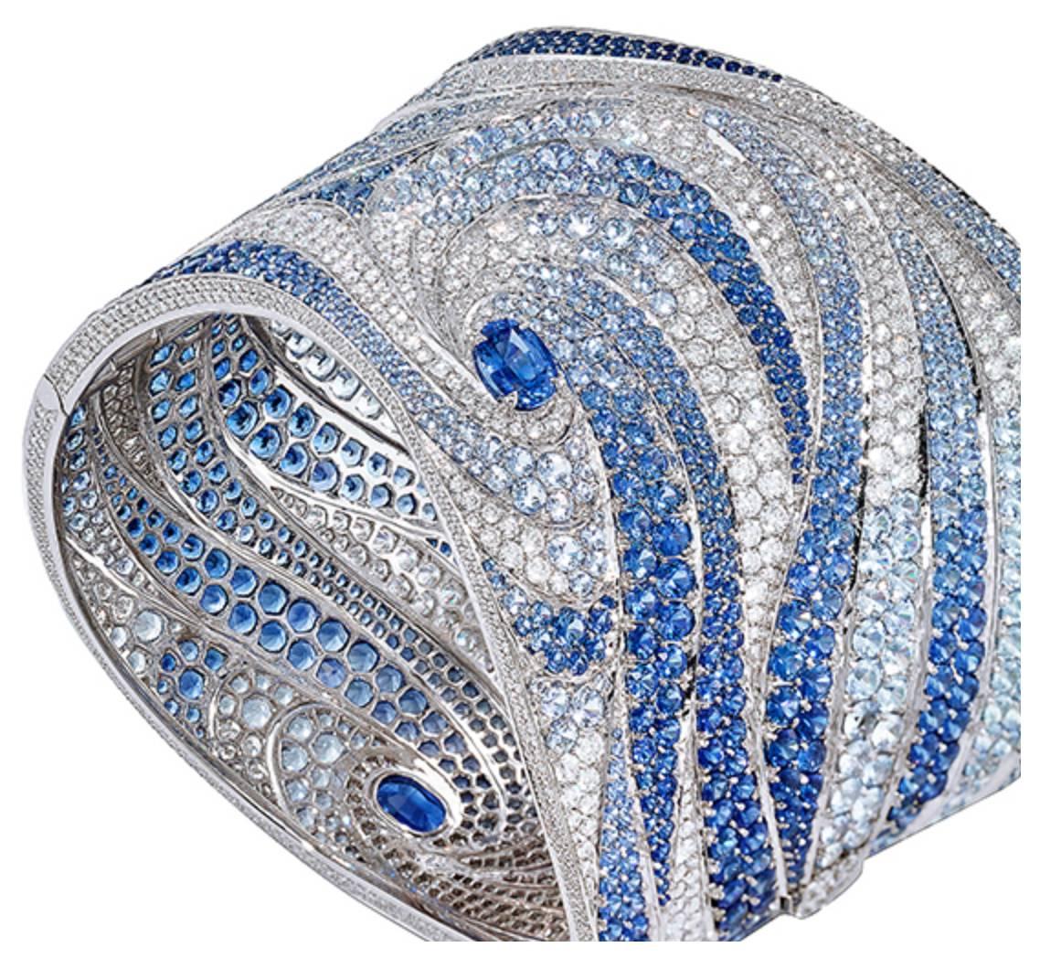 Bangle crafted in18K white gold                                                                        Round Brilliant Diamond: x1.416 pieces = 14.28 carats                                                   Blue sapphires: x1.258 pieces = 57.98