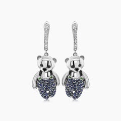 Blue Sapphire, Diamond & Onyx 18K White Gold Teddy Bear Earrings