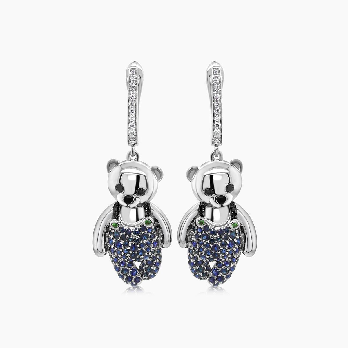 Mixed Cut Blue Sapphire, Diamond & Onyx 18K White Gold Teddy Bear Earrings For Sale
