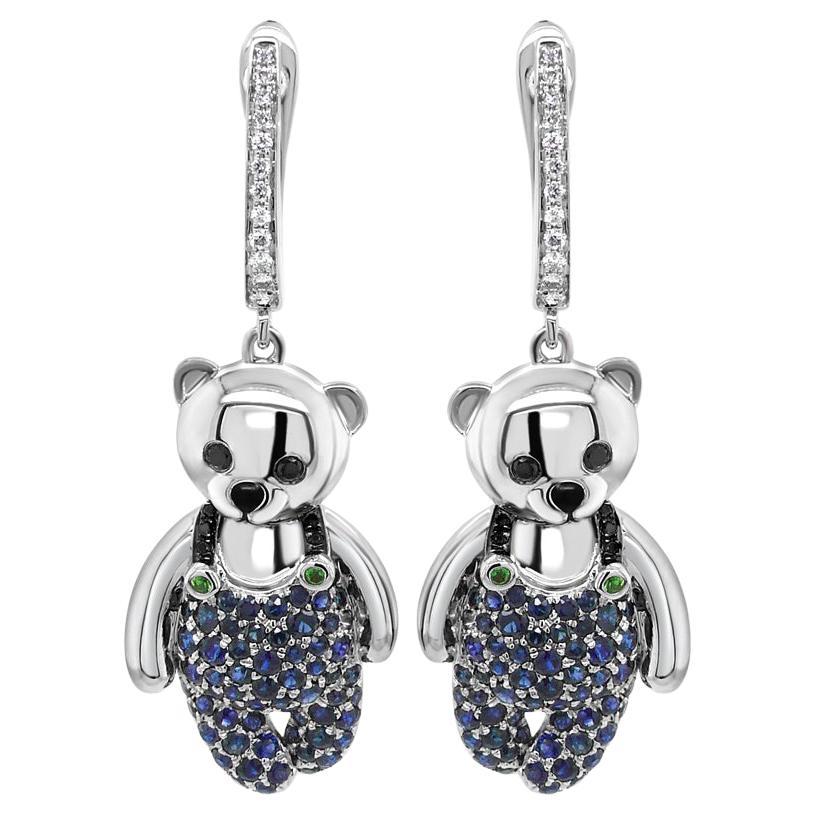 Blue Sapphire, Diamond & Onyx 18K White Gold Teddy Bear Earrings For Sale