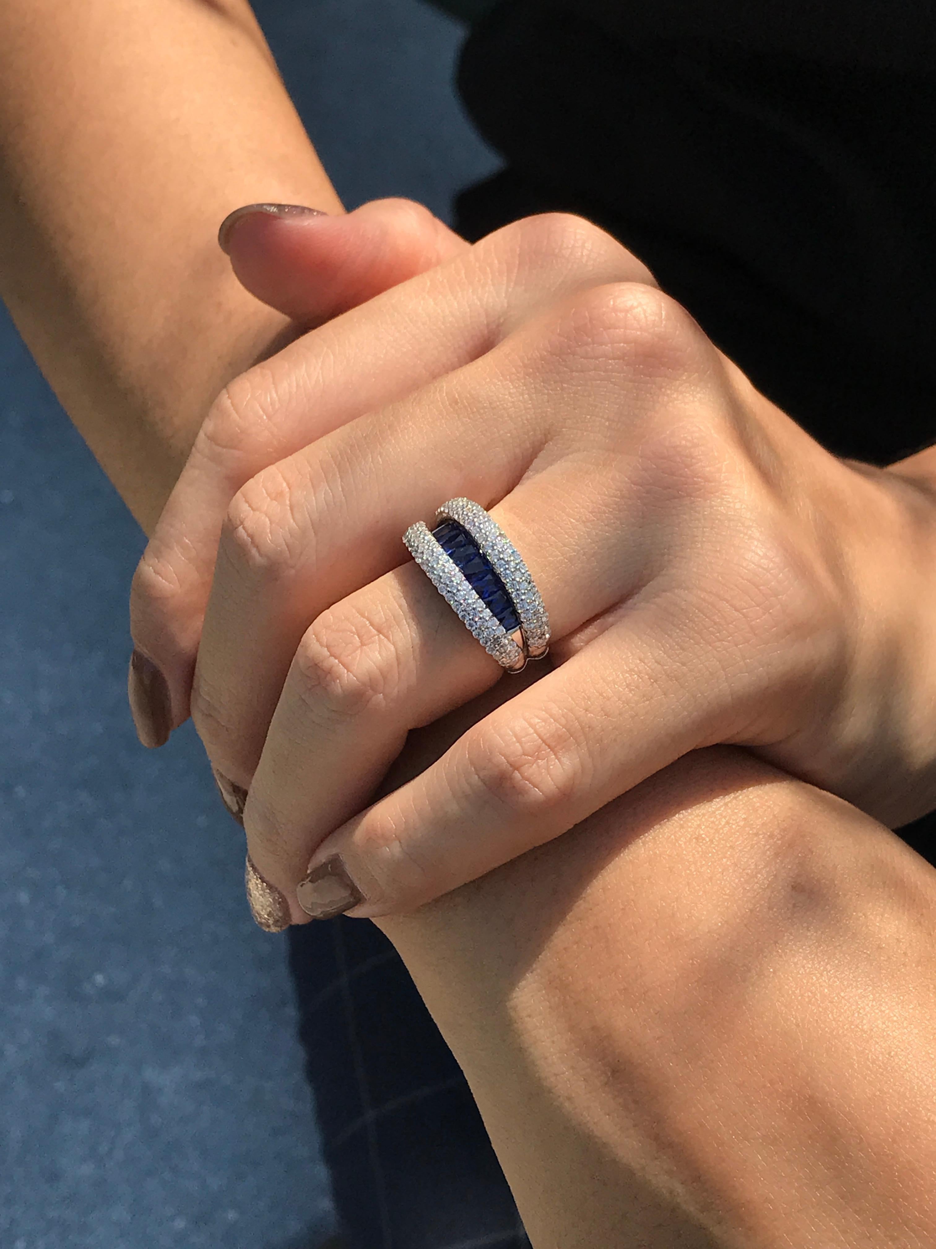 Baguette Cut Blue Sapphire Diamond Open-Close Eternity Band Ring in 18K White Gold For Sale