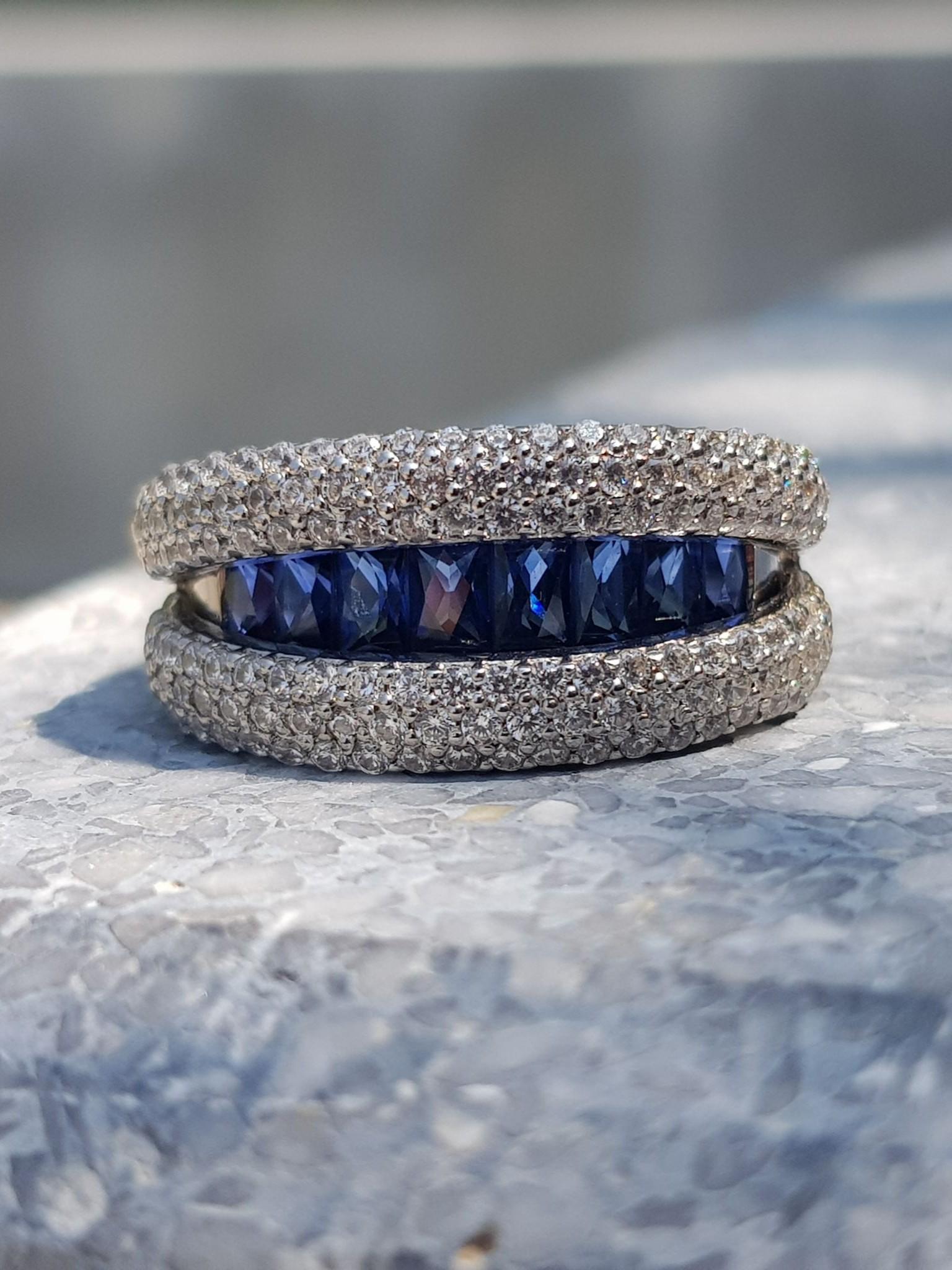 Women's Blue Sapphire Diamond Open-Close Eternity Band Ring in 18K White Gold For Sale