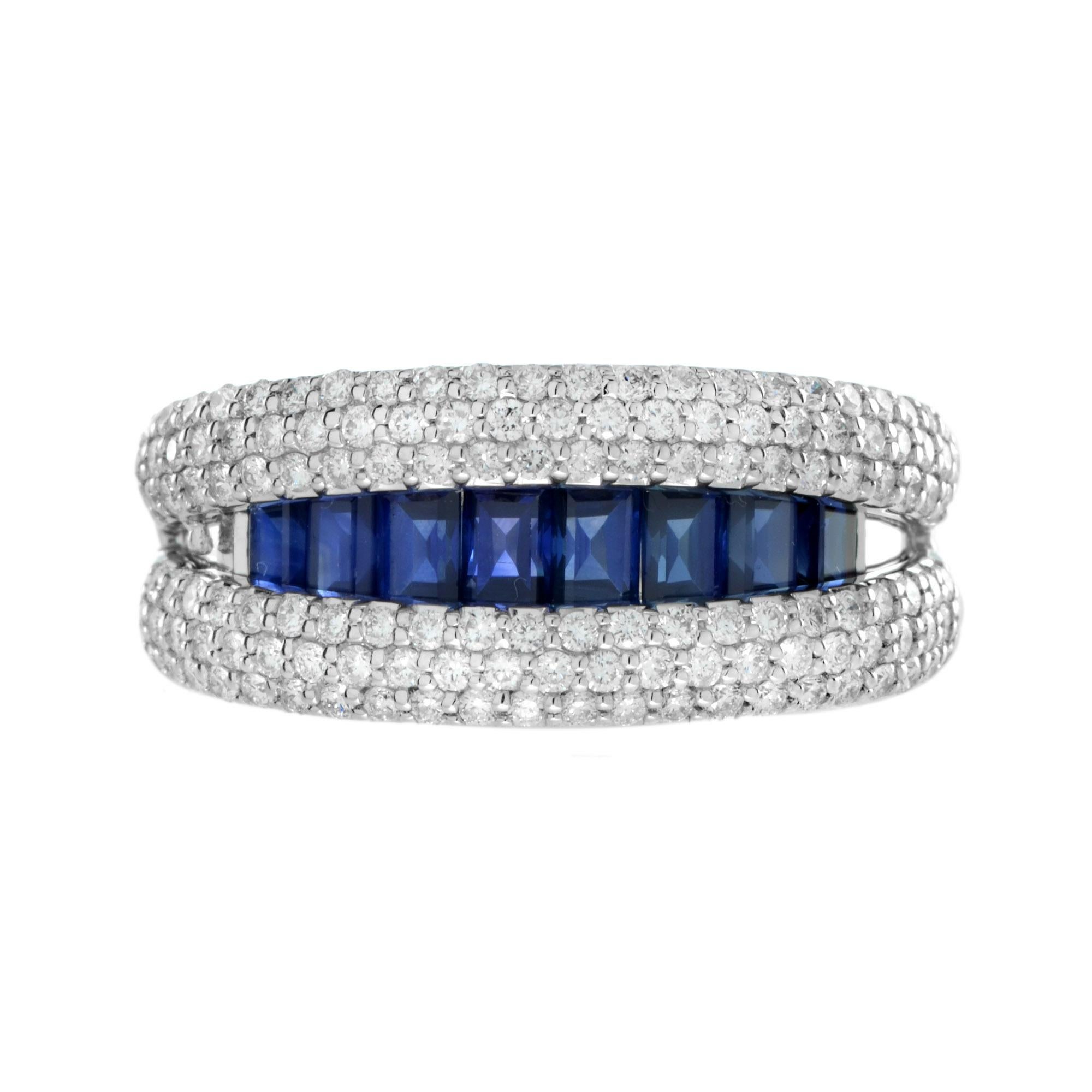 Blue Sapphire Diamond Open-Close Eternity Band Ring in 18K White Gold For Sale 2