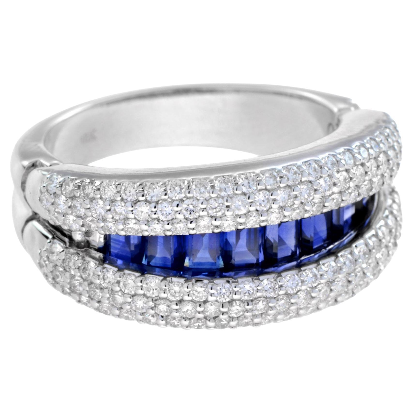 Blue Sapphire Diamond Open-Close Eternity Band Ring in 18K White Gold For Sale