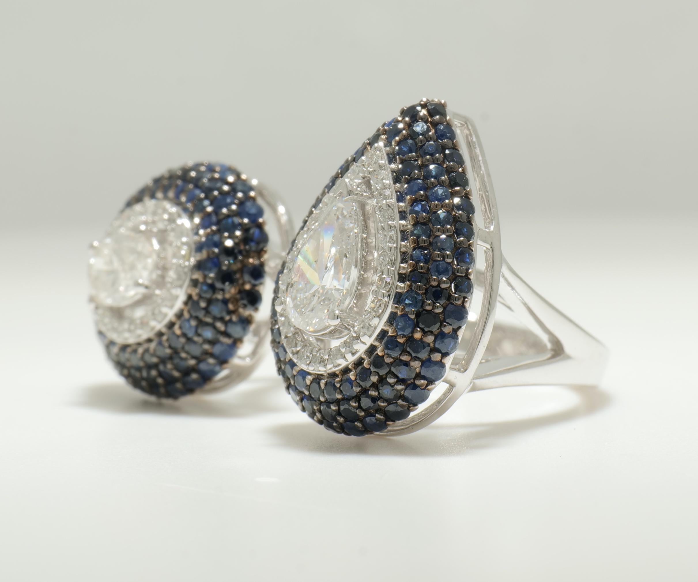 Blauer Saphir Diamant Offene Manschette Edelstein Ring in 14K Solid Gold (zertifiziert) (Tropfenschliff) im Angebot