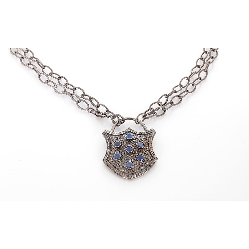 Blue Sapphire Diamond Oxidized Sterling Silver Padlock Necklace In New Condition In Dallas, TX