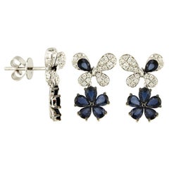 Blue Sapphire Diamond Pave 18k White Gold Floral Drop Earrings PushBack Piercing