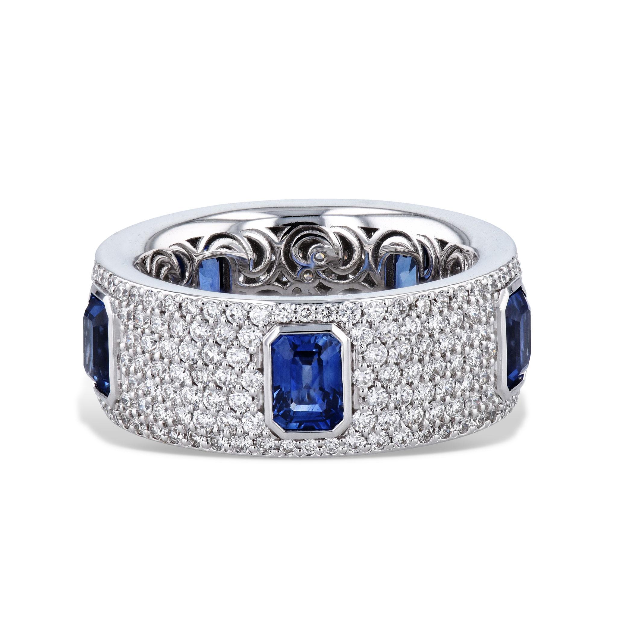 Round Cut Blue Sapphire Diamond Pave 18 Karat White Gold Eternity Band Ring For Sale