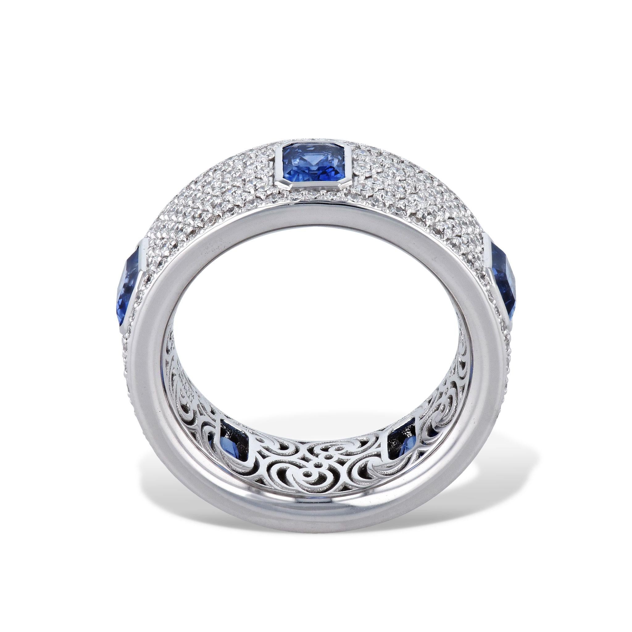 Blue Sapphire Diamond Pave 18 Karat White Gold Eternity Band Ring In New Condition For Sale In Miami, FL