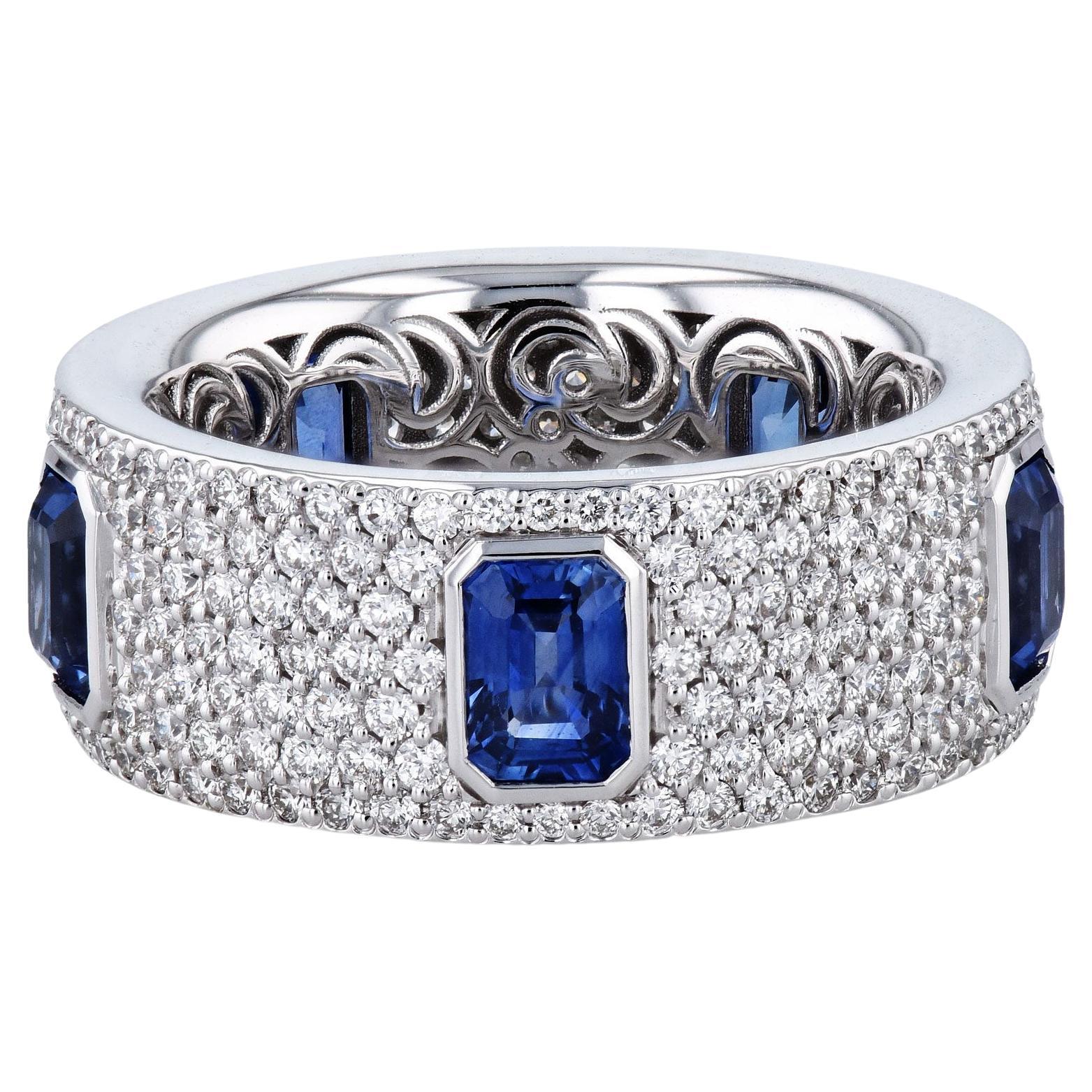 Blue Sapphire Diamond Pave 18 Karat White Gold Eternity Band Ring