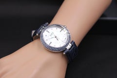 Blue Sapphire & Diamond Pave Dial Luxury Swiss Quartz Exotic Leather Band Watch