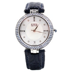 Blue Sapphire & Diamond Pave Dial Luxury Swiss Quartz Exotic Leather Band Watch