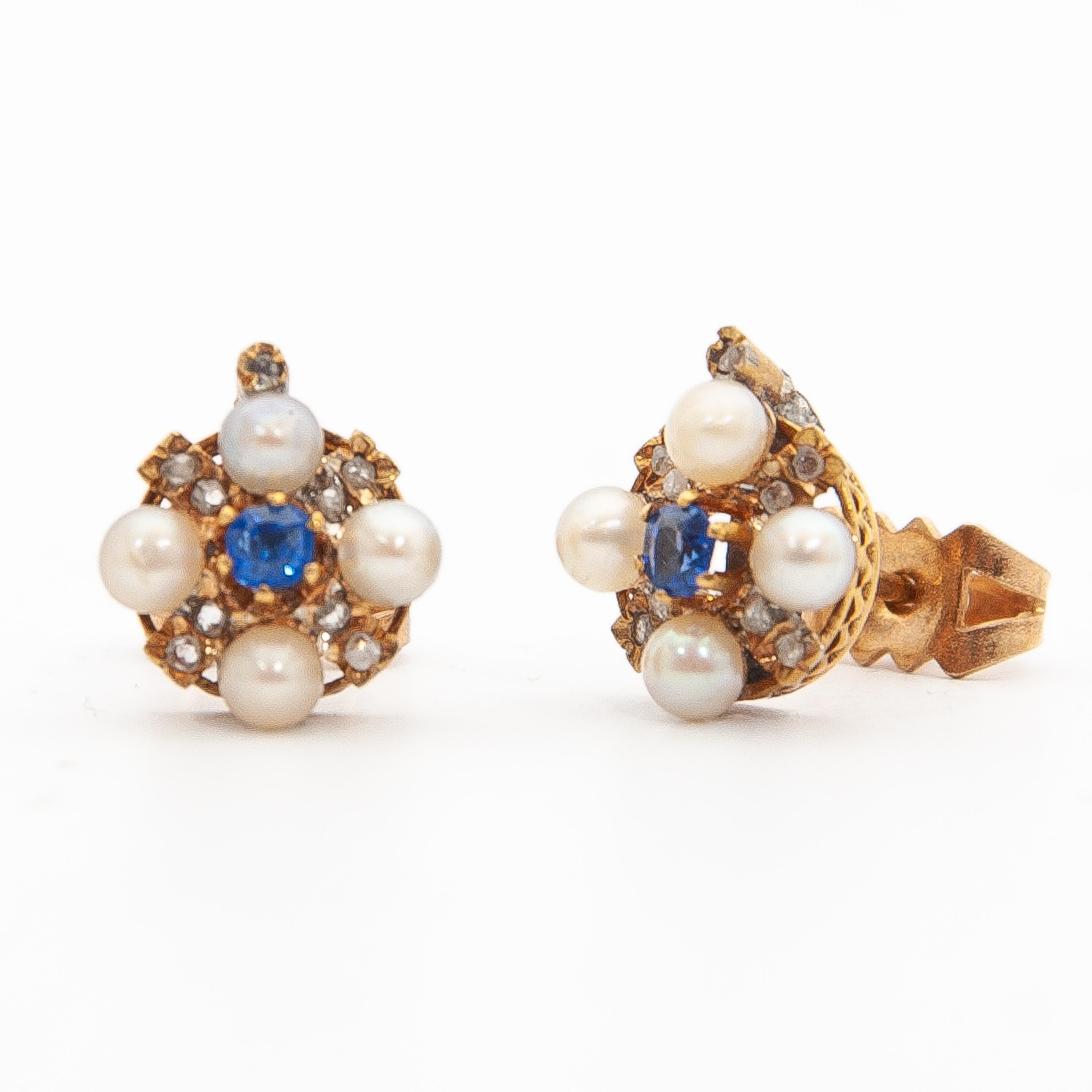 Victorian Early 20th Century Sapphire Diamond and Pearls 14 Karat Gold Stud Earrings For Sale