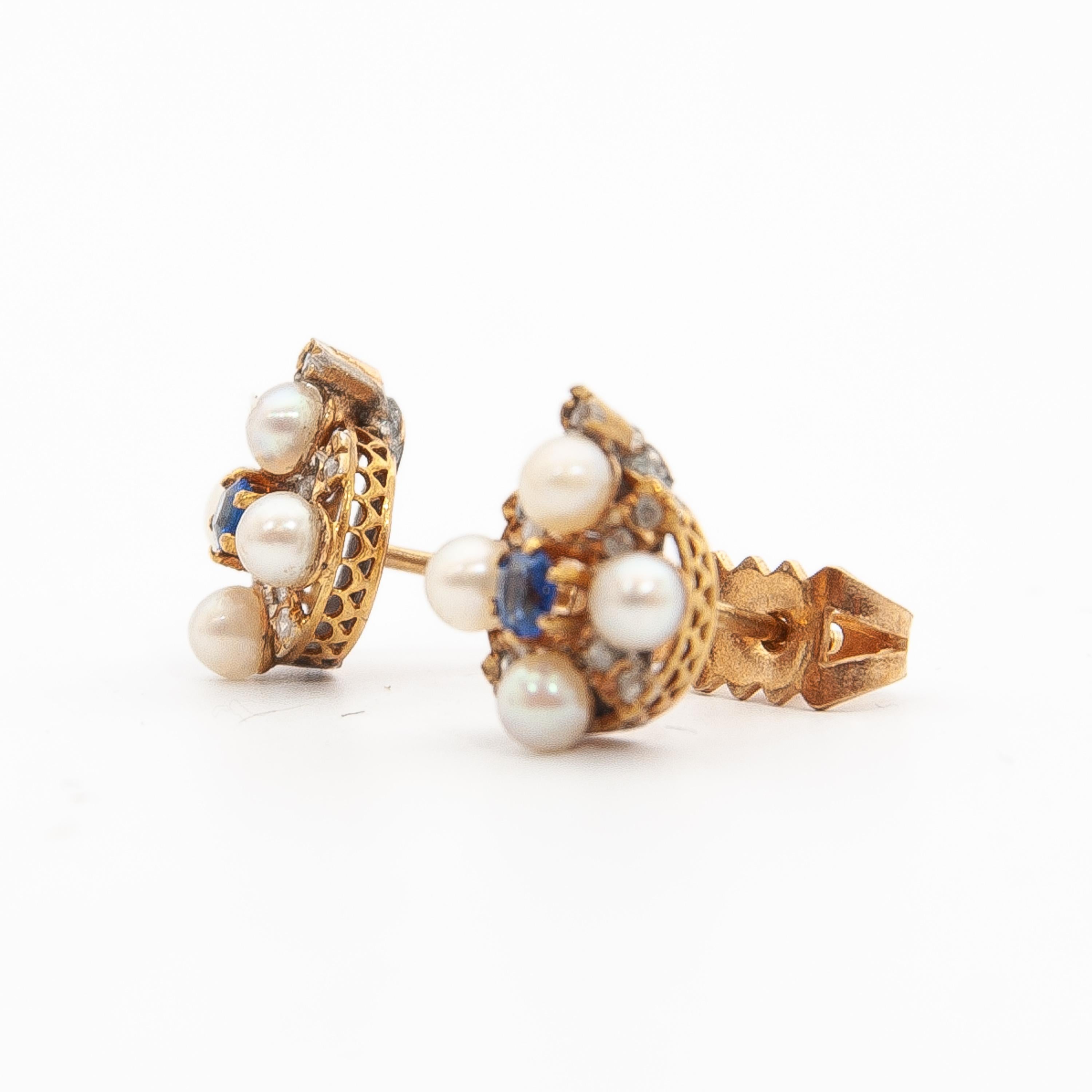 Early 20th Century Sapphire Diamond and Pearls 14 Karat Gold Stud Earrings For Sale 1