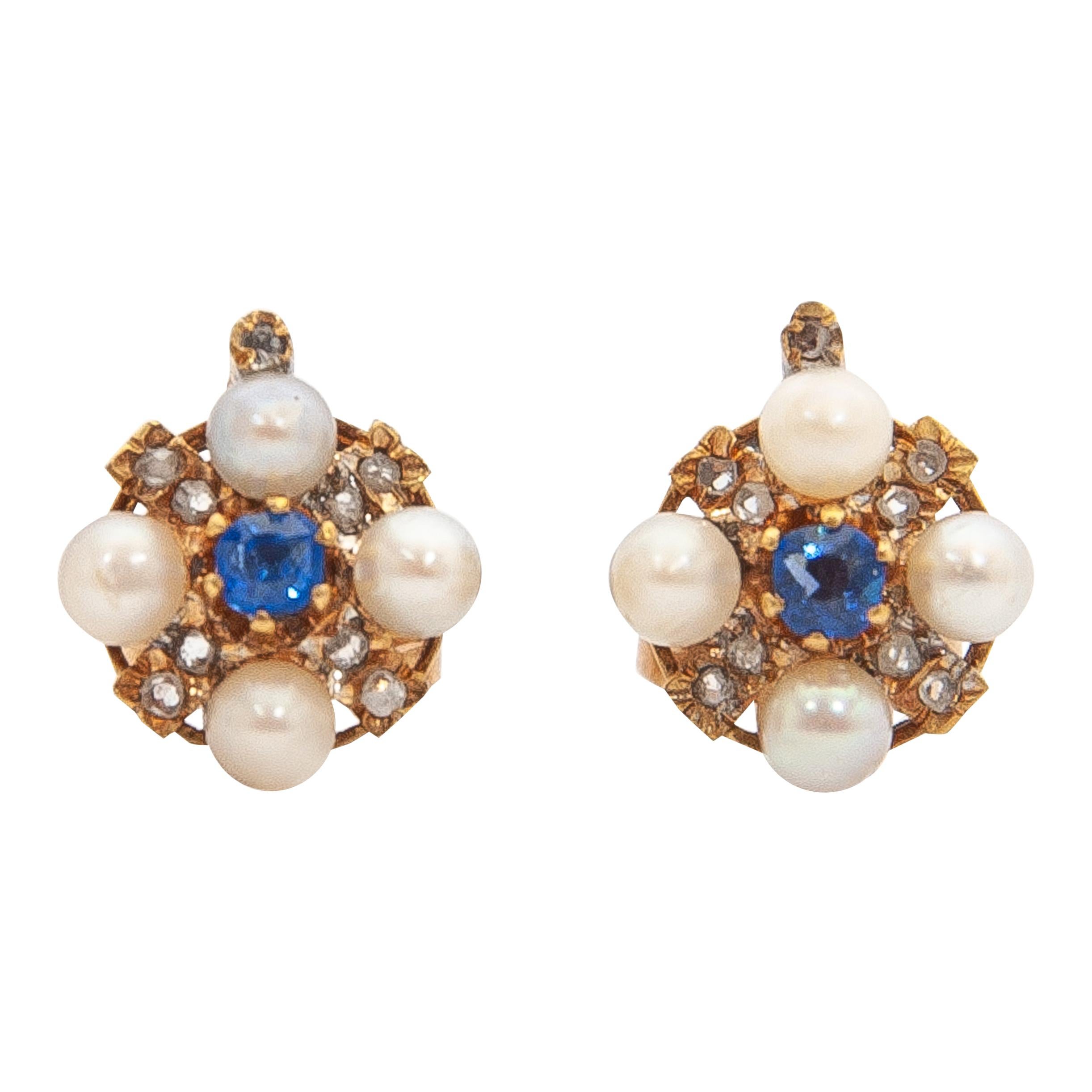 Early 20th Century Sapphire Diamond and Pearls 14 Karat Gold Stud Earrings