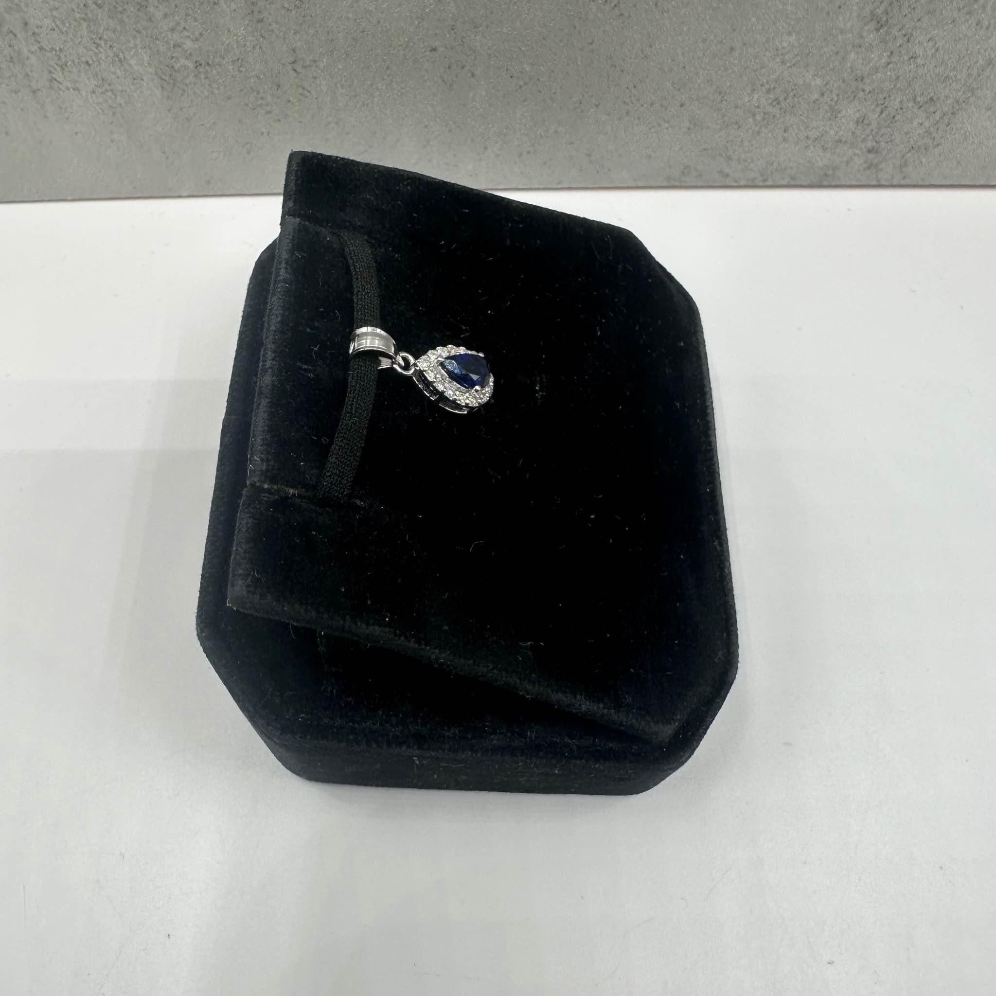 Pear Cut Blue Sapphire & Diamond Pendant in 14kt White Gold - Sapphire, 0.08ctw Dia, New For Sale