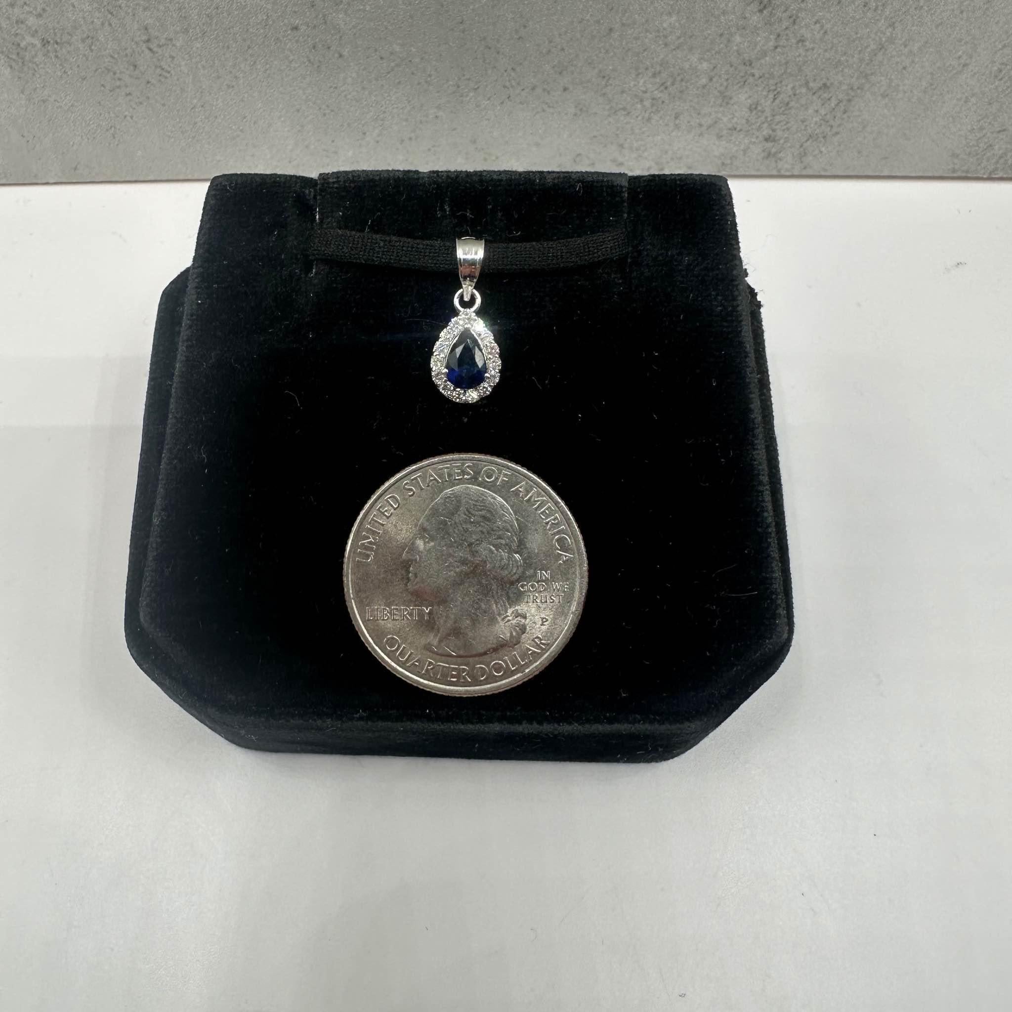 Blue Sapphire & Diamond Pendant in 14kt White Gold - Sapphire, 0.08ctw Dia, New In New Condition For Sale In West Hempstead, NY