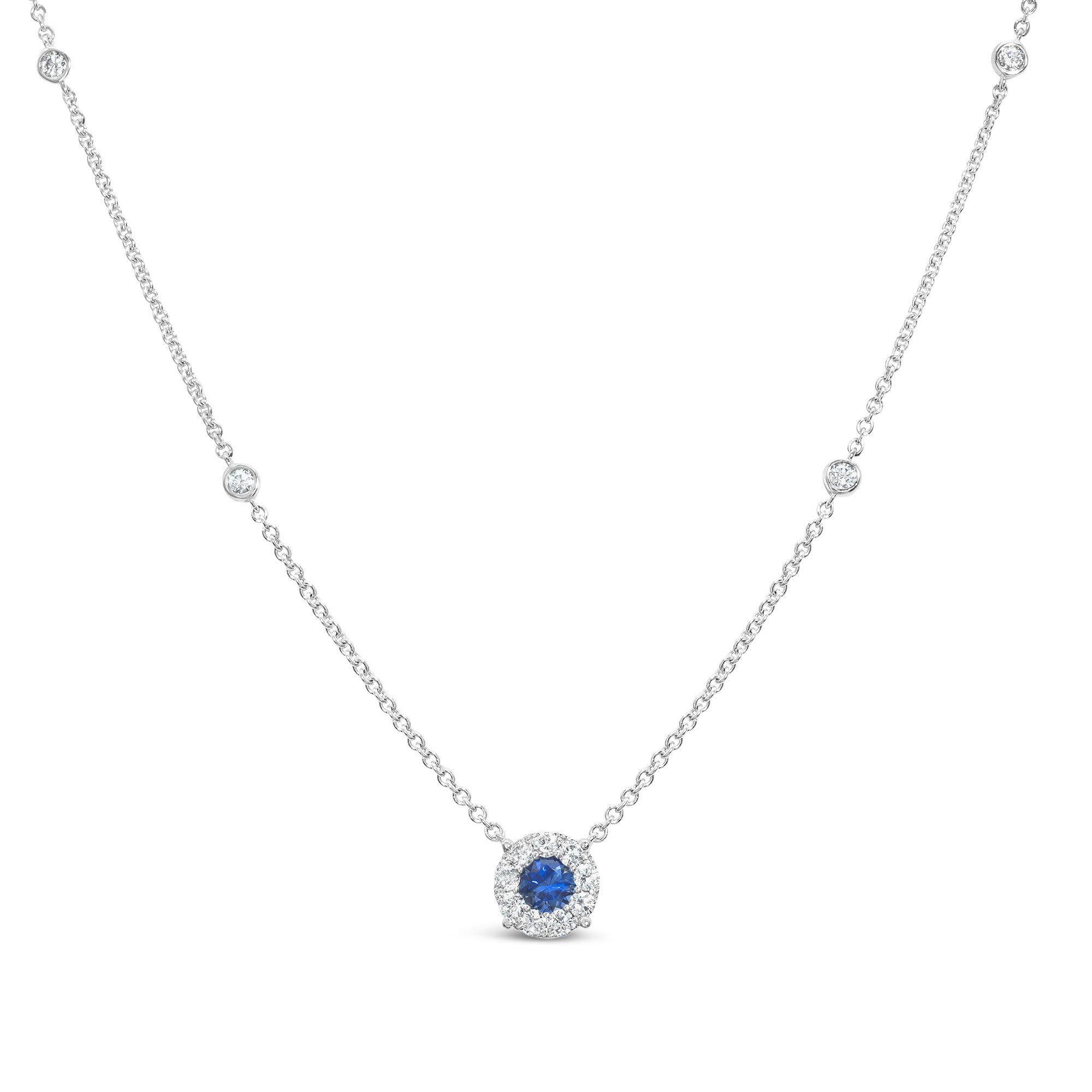 Contemporary Roman Malakov 0.34 Carat Blue Sapphire & Diamond Pendant Necklace in White Gold