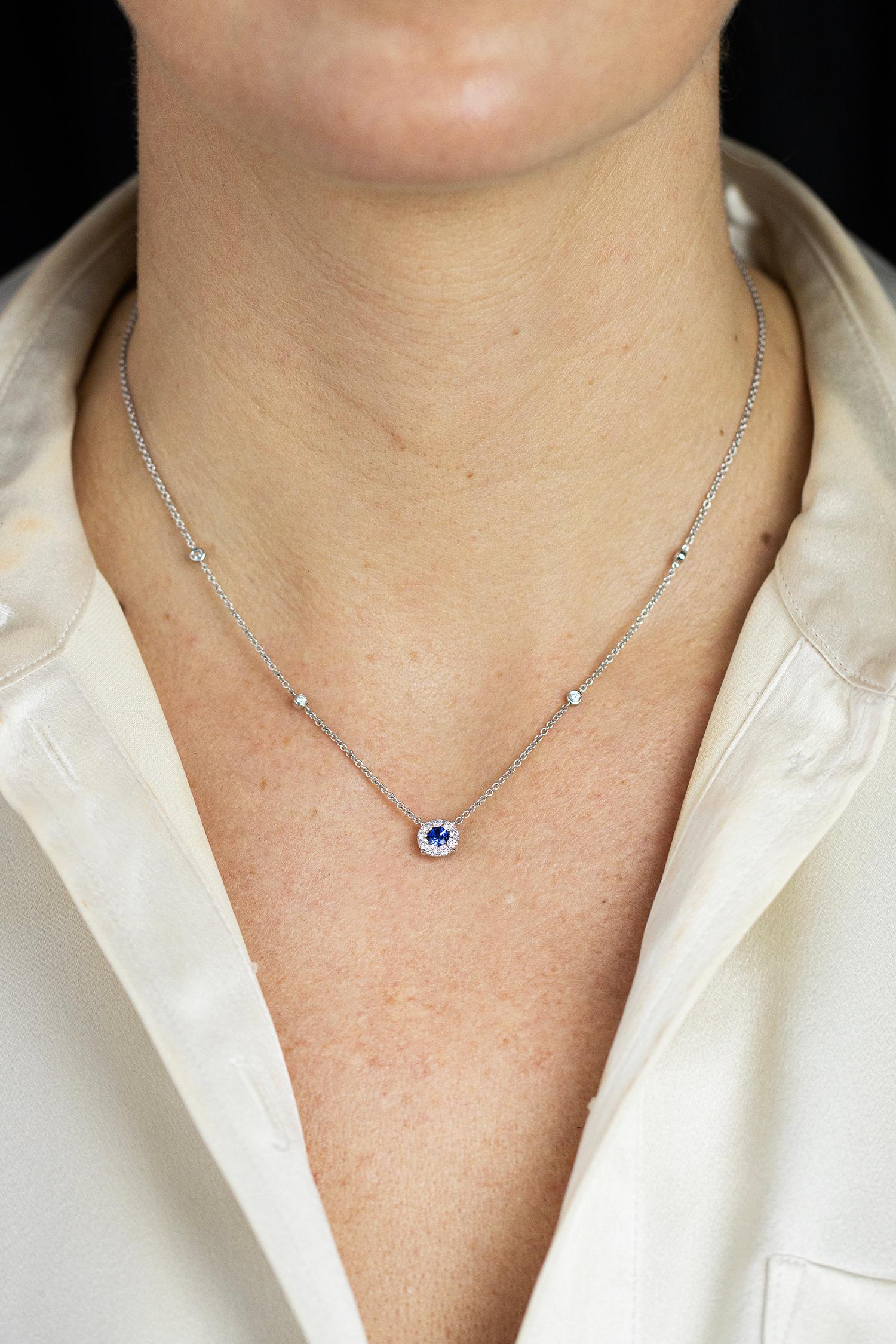 Round Cut Roman Malakov 0.34 Carat Blue Sapphire & Diamond Pendant Necklace in White Gold