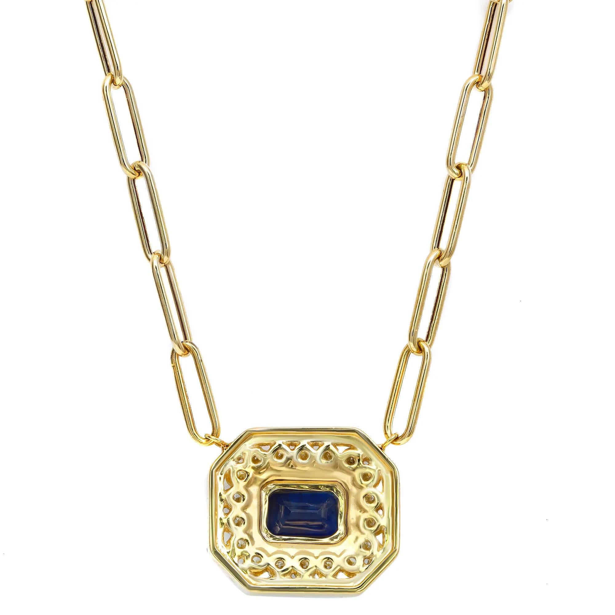 Modern Blue Sapphire & Diamond Pendant Paper Clip Link Chain Necklace 14K Yellow Gold For Sale