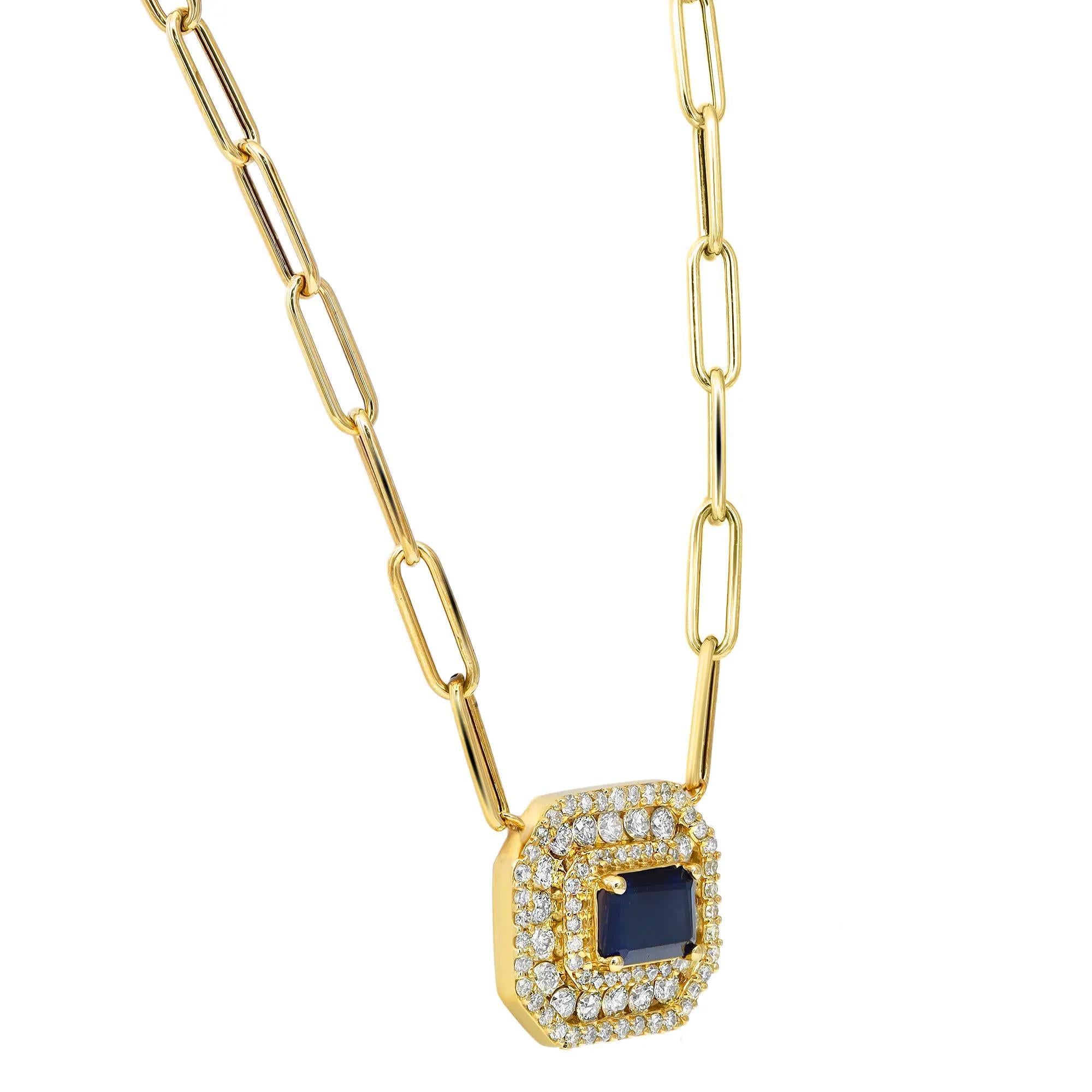 Emerald Cut Blue Sapphire & Diamond Pendant Paper Clip Link Chain Necklace 14K Yellow Gold For Sale