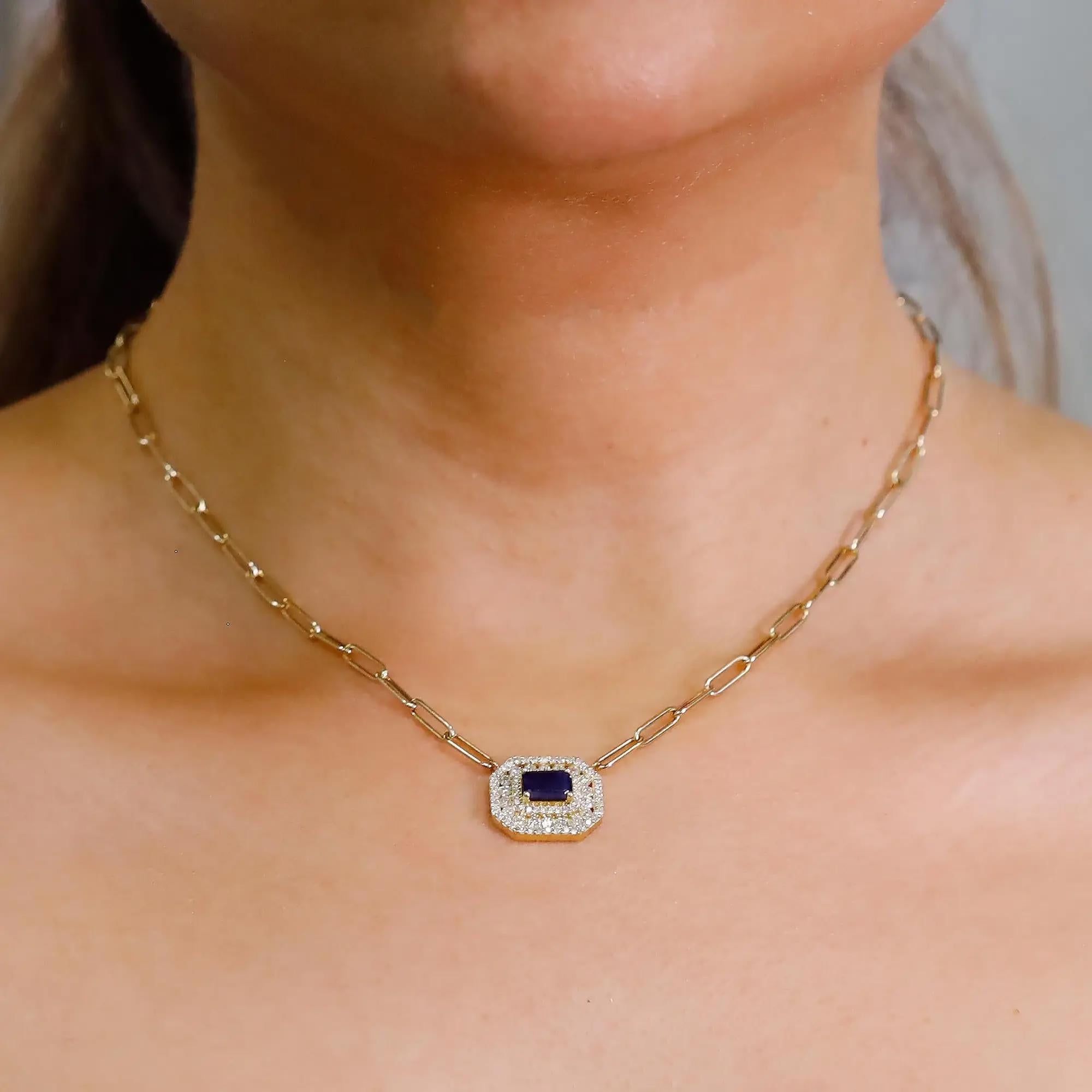 Women's Blue Sapphire & Diamond Pendant Paper Clip Link Chain Necklace 14K Yellow Gold For Sale