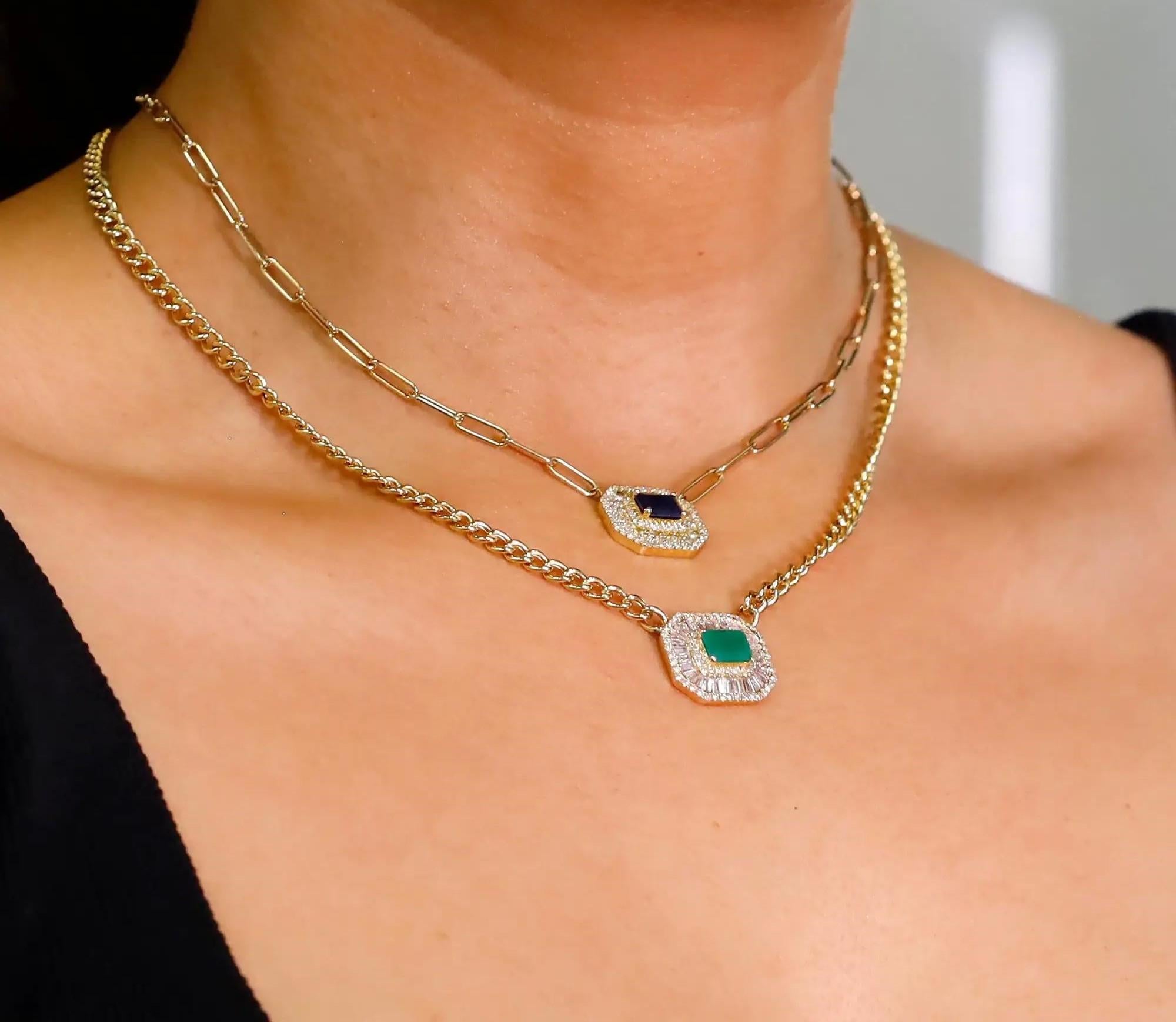 Blue Sapphire & Diamond Pendant Paper Clip Link Chain Necklace 14K Yellow Gold For Sale 1