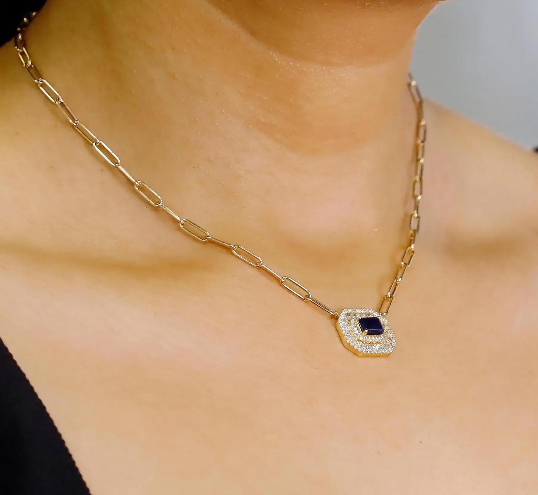 Blue Sapphire & Diamond Pendant Paper Clip Link Chain Necklace 14K Yellow Gold For Sale 2