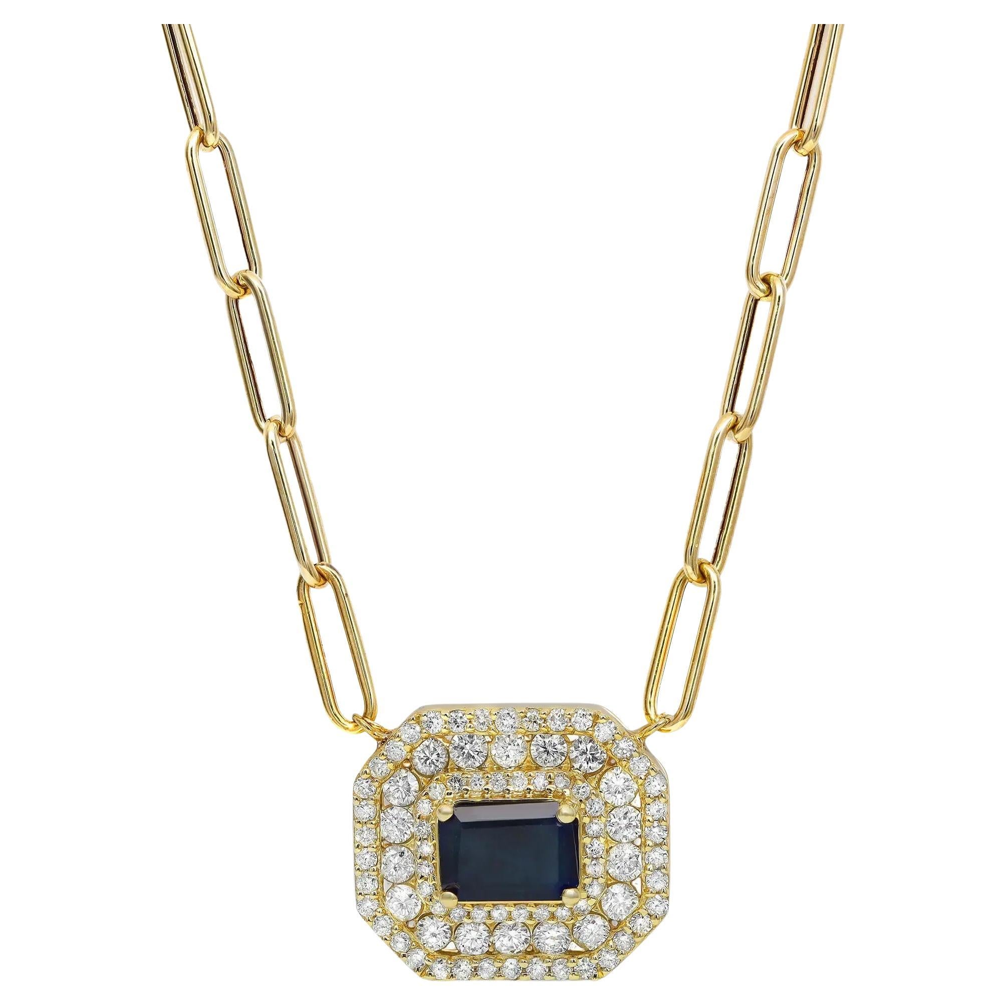 Blue Sapphire & Diamond Pendant Paper Clip Link Chain Necklace 14K Yellow Gold For Sale