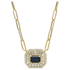Blue Sapphire & Diamond Pendant Paper Clip Link Chain Necklace 14K Yellow Gold