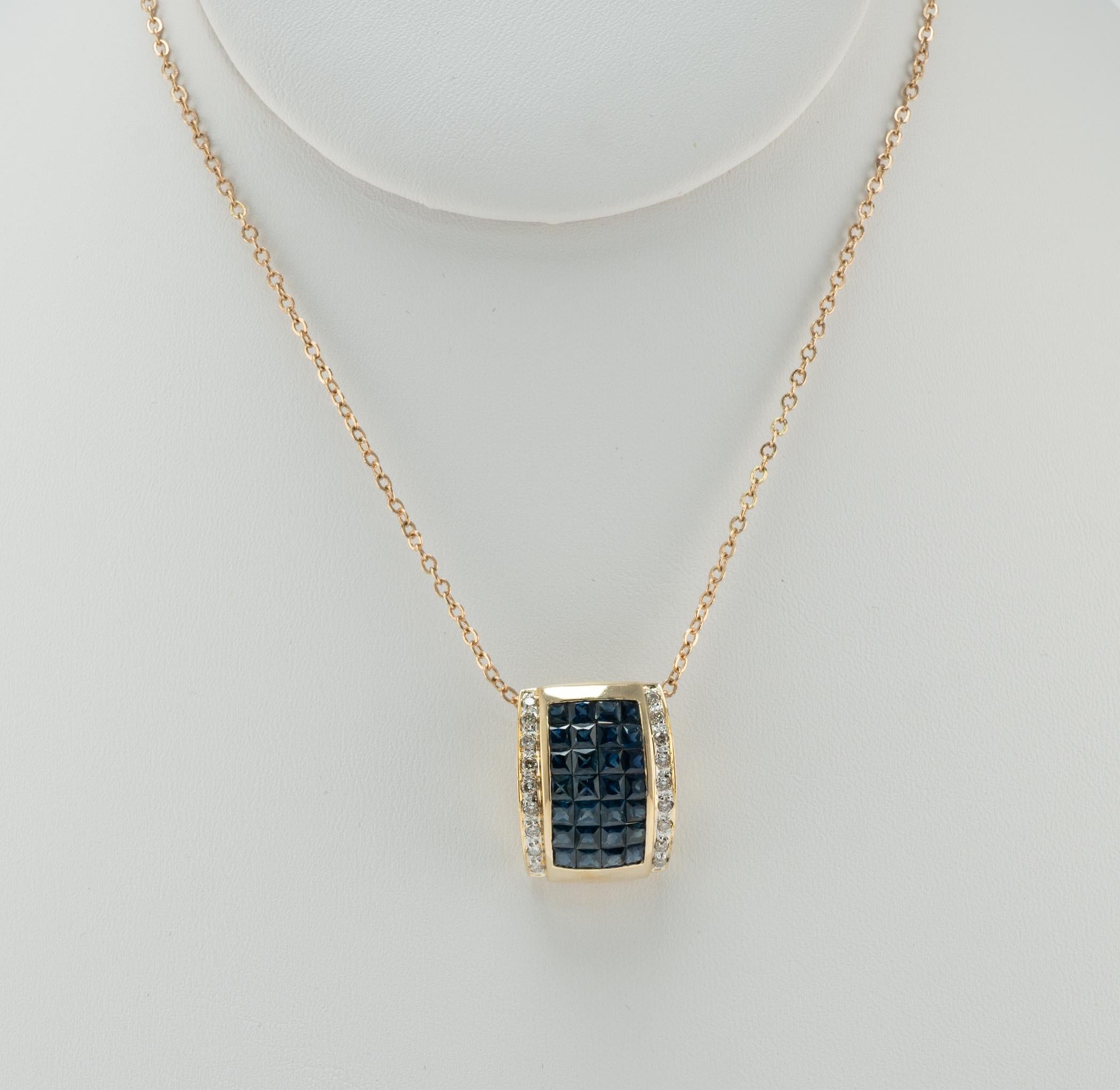 Blue Sapphire Diamond Pendant Slide 14K Gold In Good Condition For Sale In East Brunswick, NJ