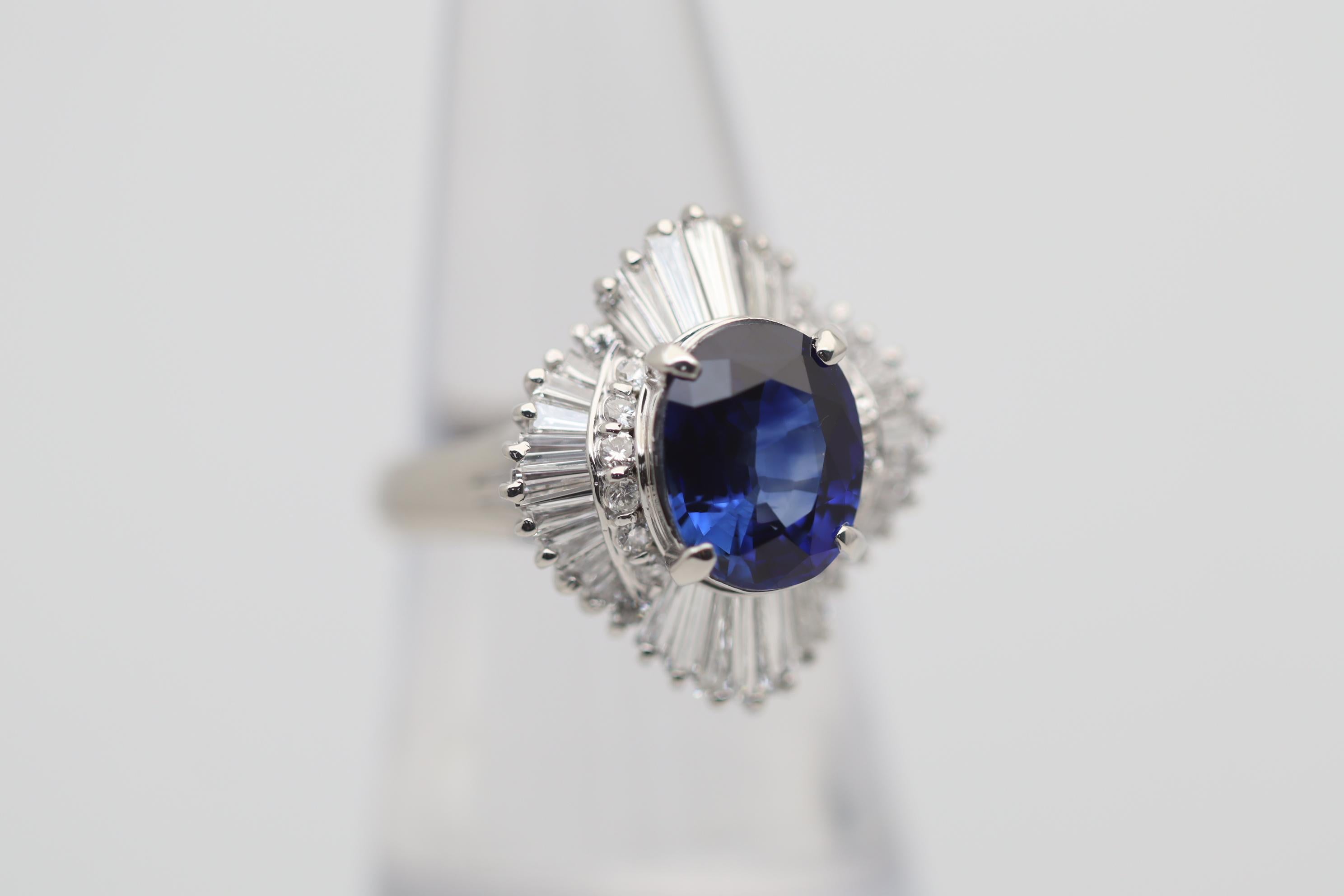 Oval Cut Blue Sapphire Diamond Platinum Ballerina Ring For Sale