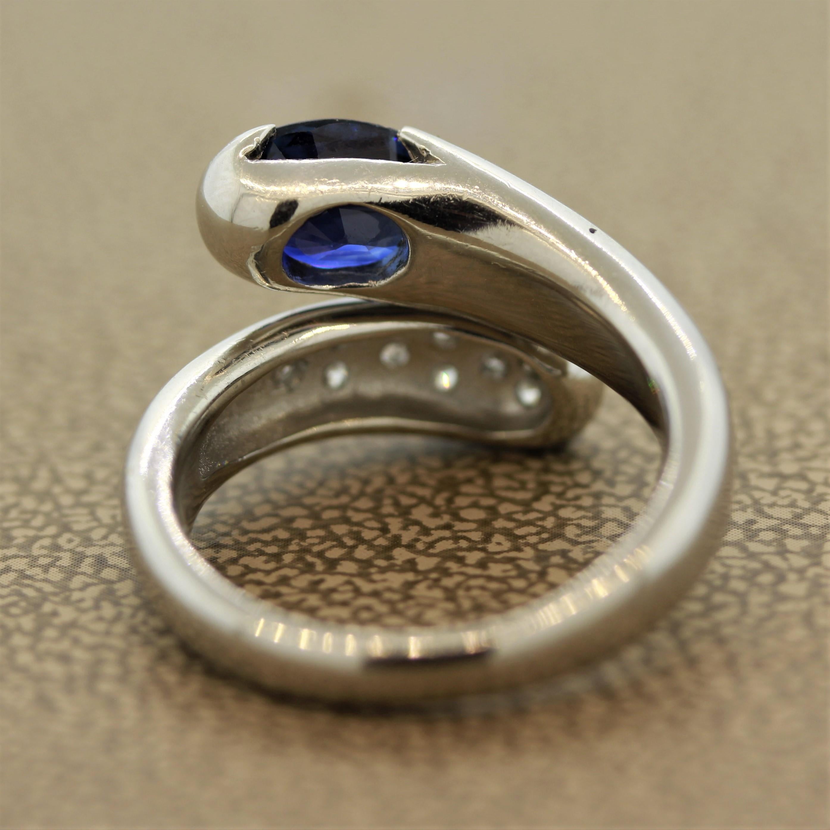 Blue Sapphire Diamond Platinum Bypass Ring In New Condition In Beverly Hills, CA
