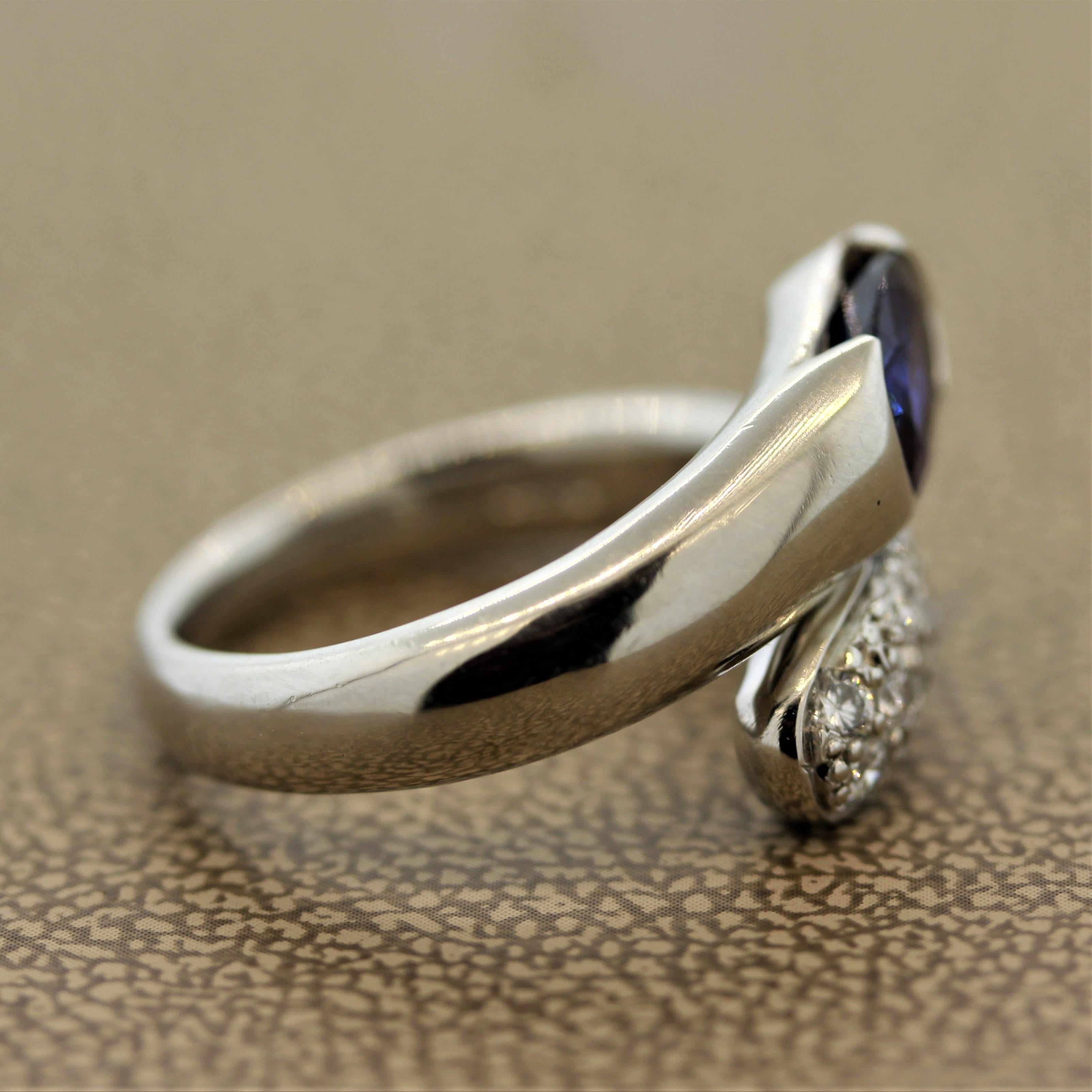 Women's Blue Sapphire Diamond Platinum Bypass Ring