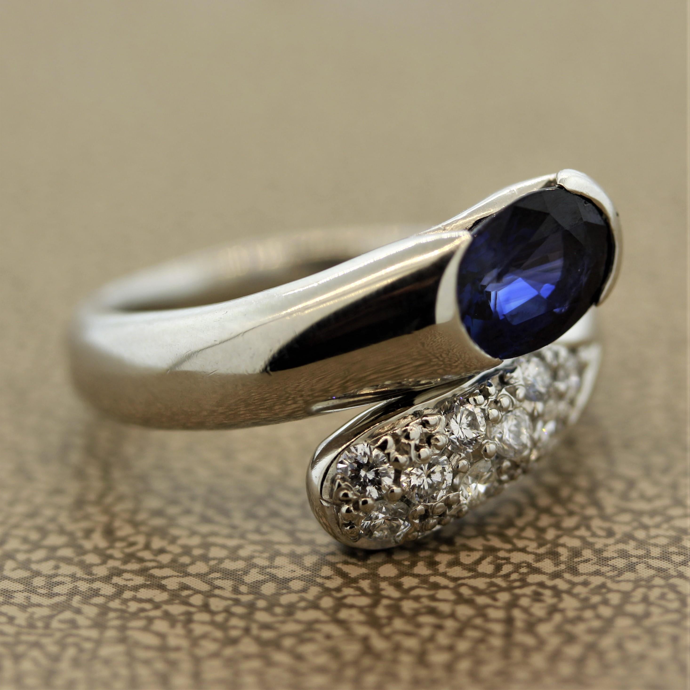 Blue Sapphire Diamond Platinum Bypass Ring 1