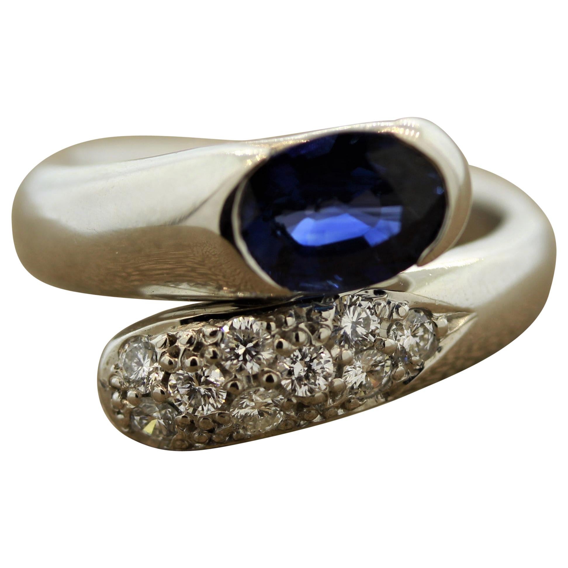 Blue Sapphire Diamond Platinum Bypass Ring