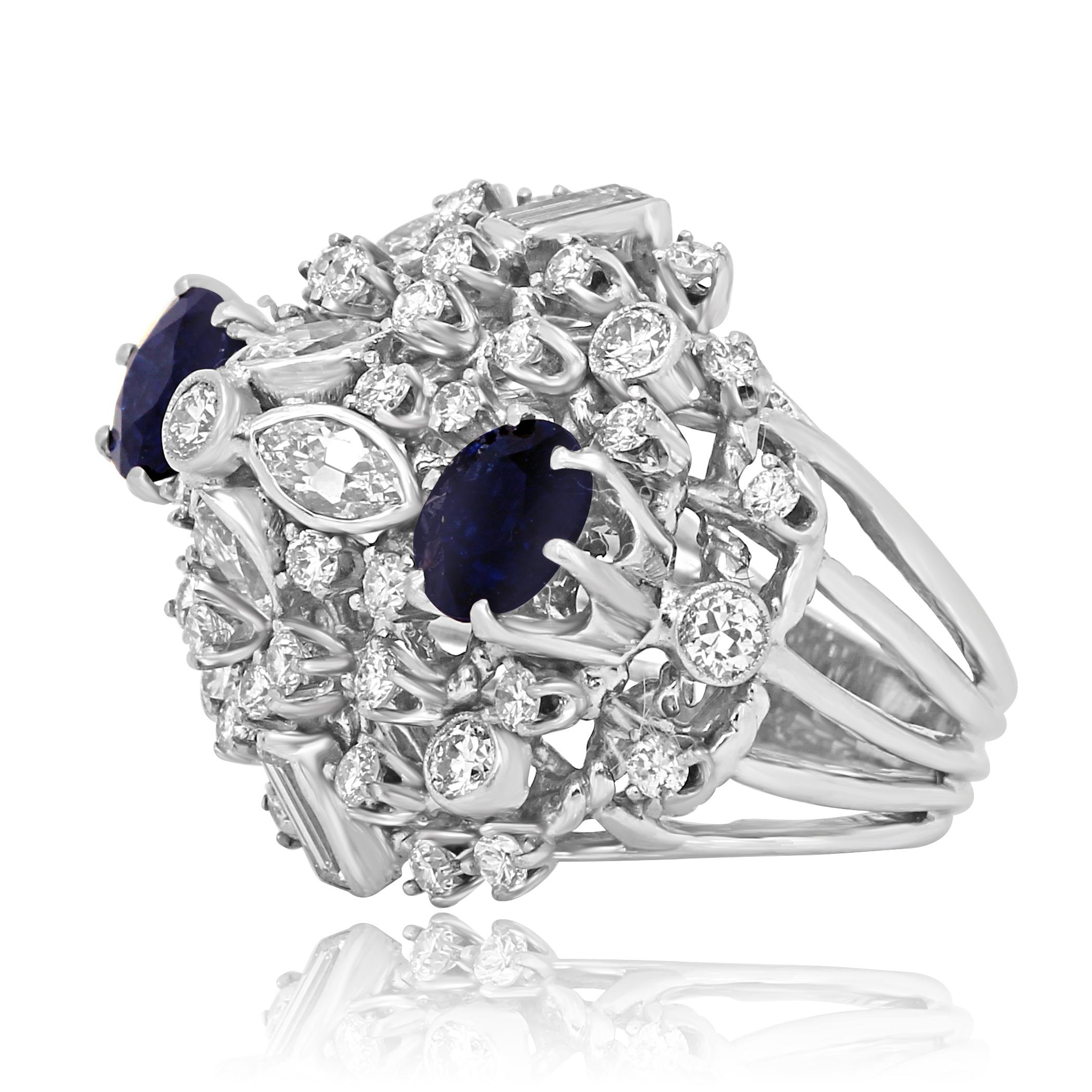 Art Deco Blue Sapphire Diamond Platinum Cocktail Dome Ring For Sale