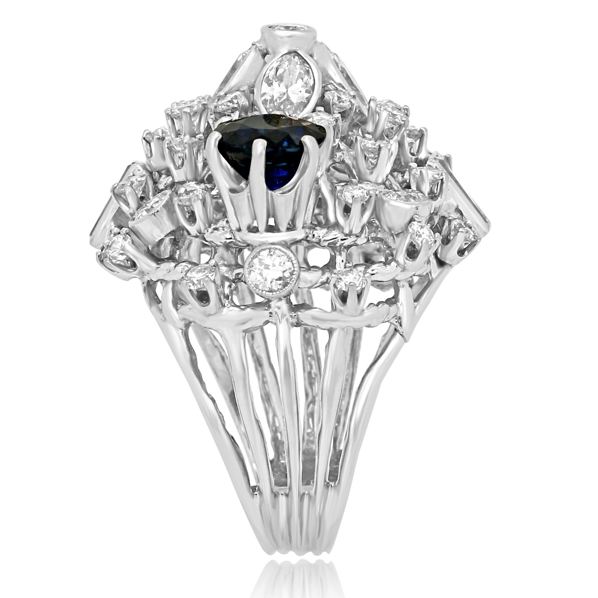 Round Cut Blue Sapphire Diamond Platinum Cocktail Dome Ring For Sale