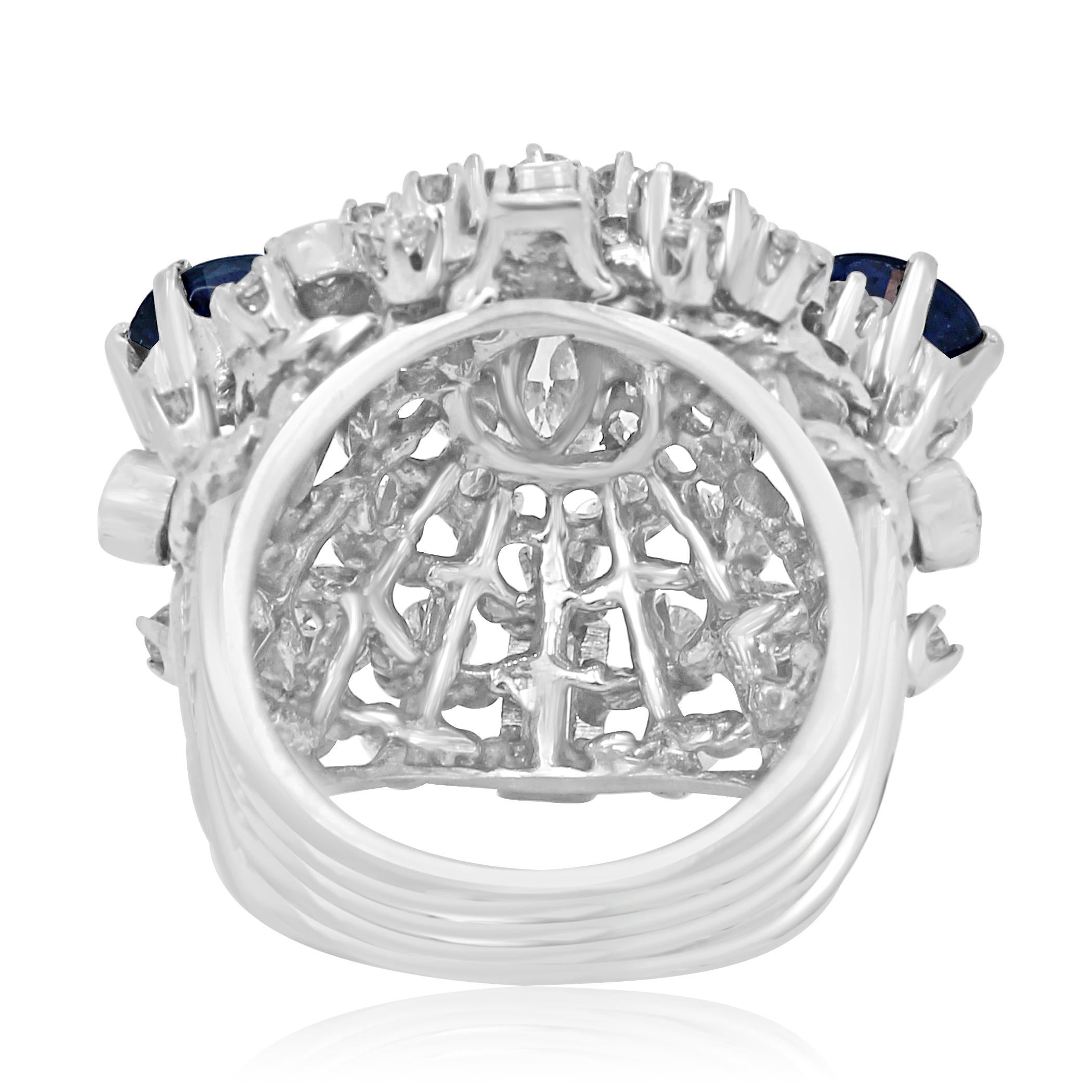 Blue Sapphire Diamond Platinum Cocktail Dome Ring For Sale 1