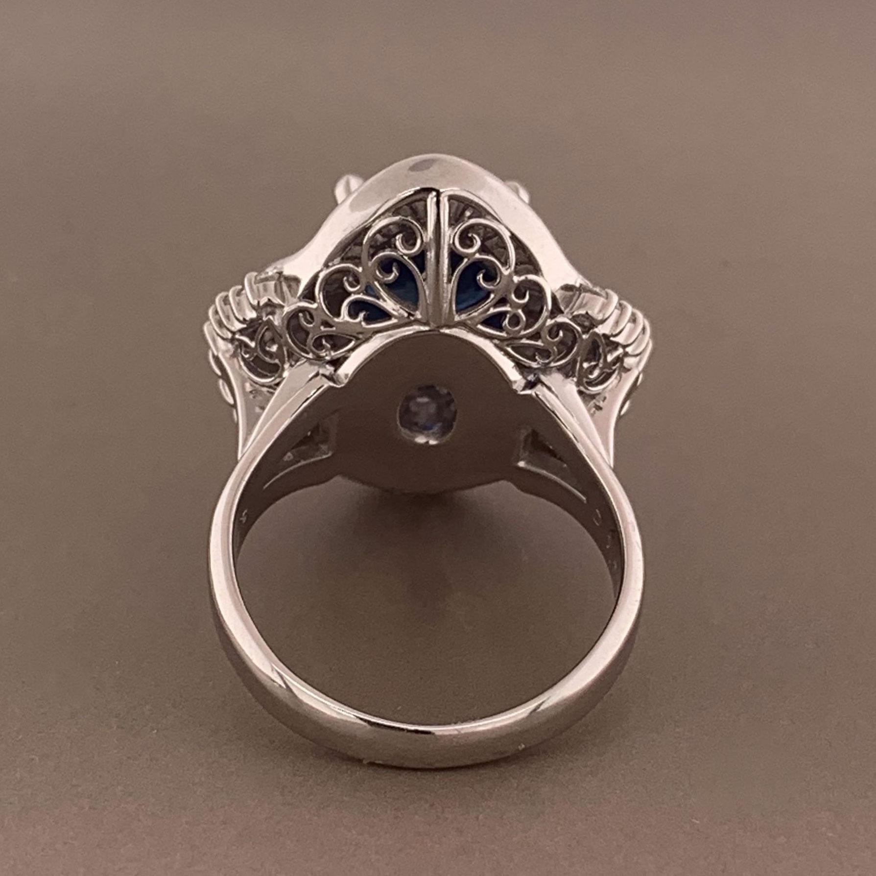 Blue Sapphire Diamond Platinum Cocktail Ring In New Condition For Sale In Beverly Hills, CA