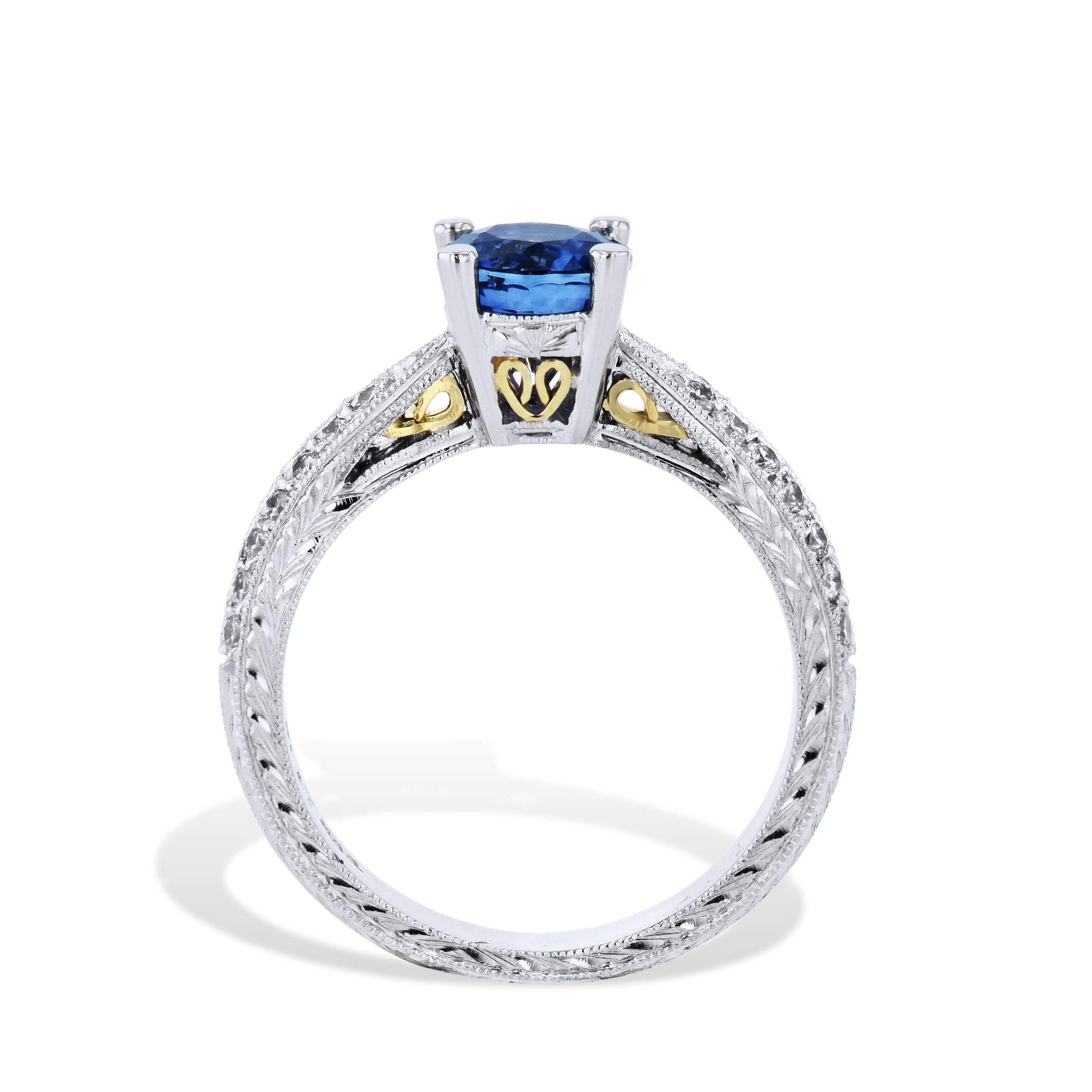Round Cut Blue Sapphire Diamond Platinum Estate Ring For Sale