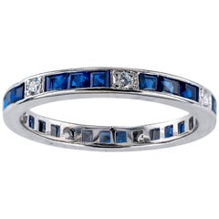 Vintage Blue Sapphire Diamond Platinum Eternity Ring Size 8