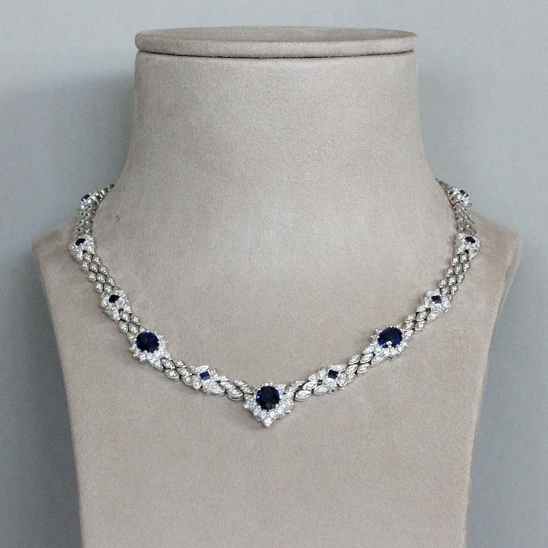 Blue Sapphire Diamond Platinum Necklace For Sale 1