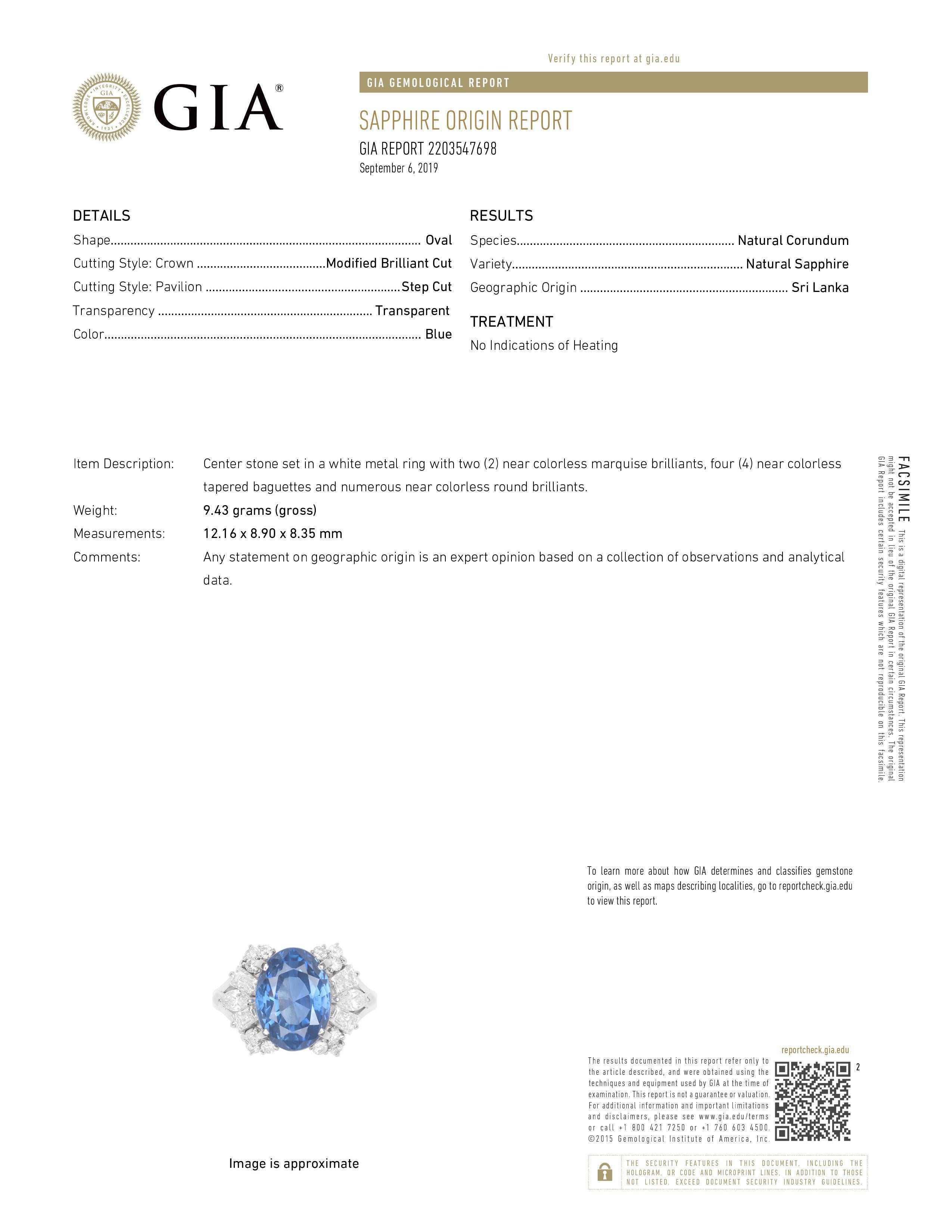 Bague en platine avec saphir bleu et diamant, certifiée GIA en vente 2