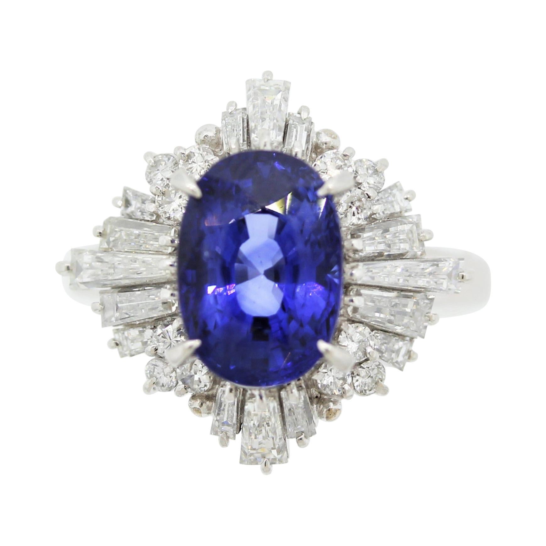 Blue Sapphire Diamond Platinum Ring, GIA Certified