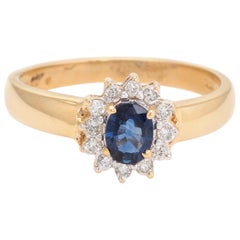 Blue Sapphire Diamond Princess Ring Vintage 18 Karat Gold Estate Fine Jewelry