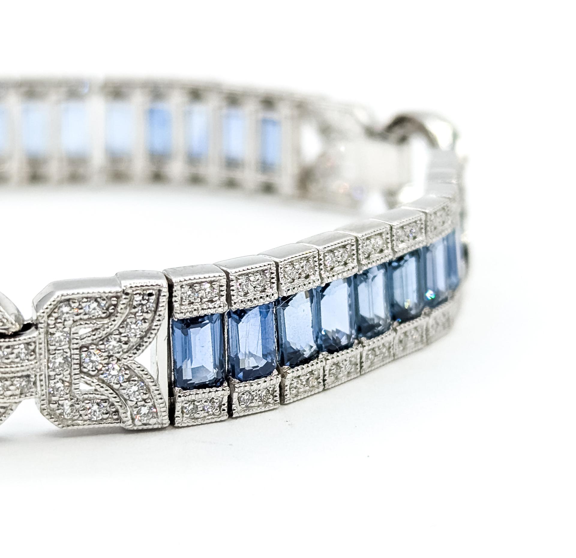 Taille émeraude Bracelet à maillons en saphir bleu et diamant en platine en vente