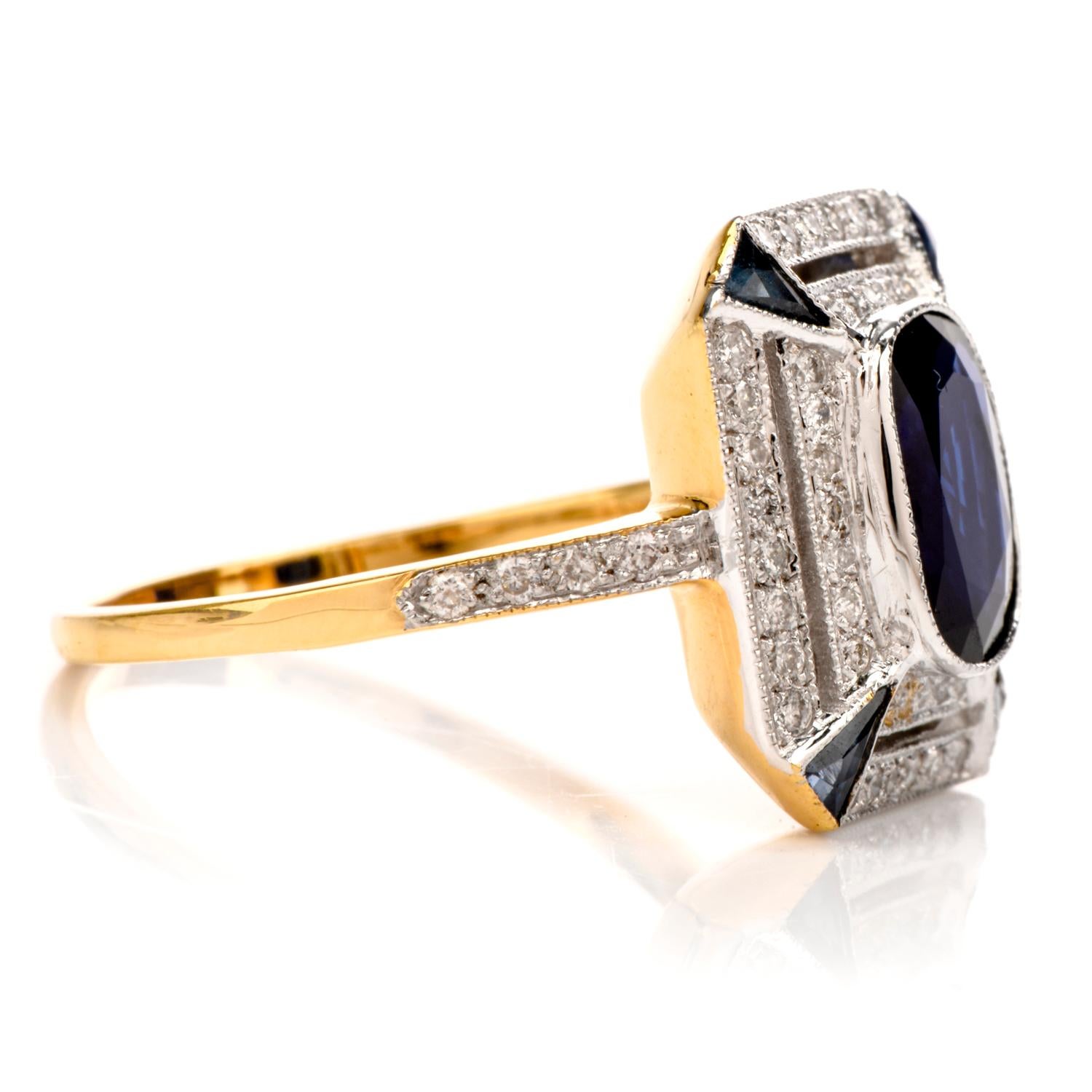 Oval Cut Blue Sapphire Diamond Rectangle 18 Karat Yellow Gold Ring