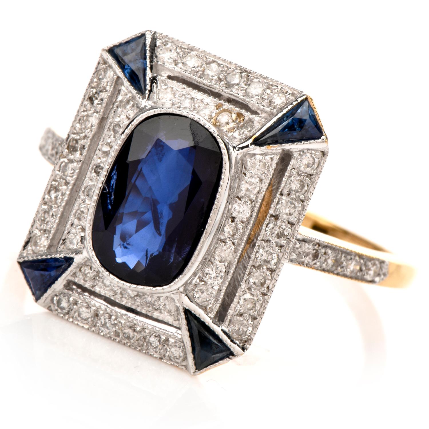 Blue Sapphire Diamond Rectangle 18 Karat Yellow Gold Ring In Excellent Condition In Miami, FL