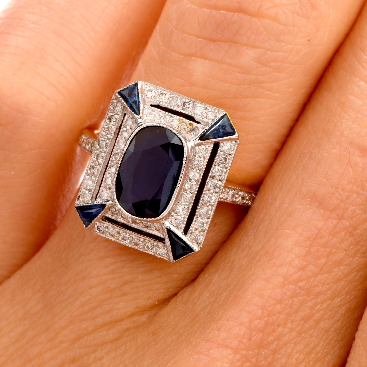 Women's or Men's Blue Sapphire Diamond Rectangle 18 Karat Yellow Gold Ring